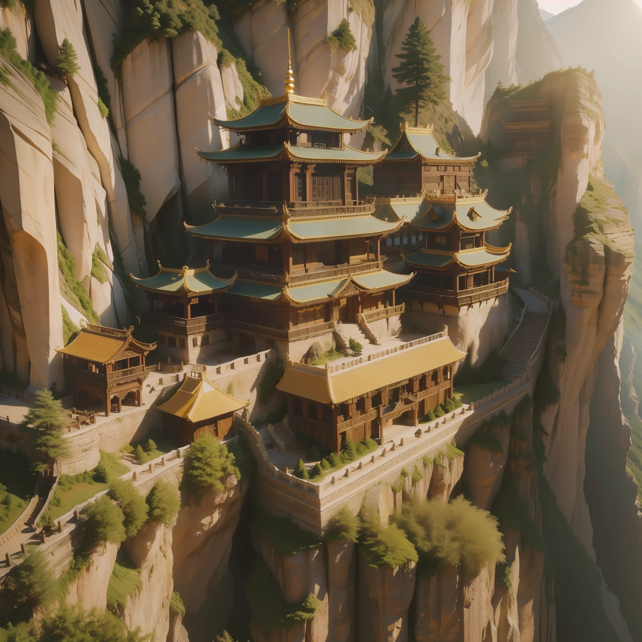 （（top-quality，8K，tmasterpiece：1.3）），A Chinese cave carved into a cliff，Hidden sects on the cliff wall，Super detailed architectural details，and the sun was shining brightly，High mountains and flowing water