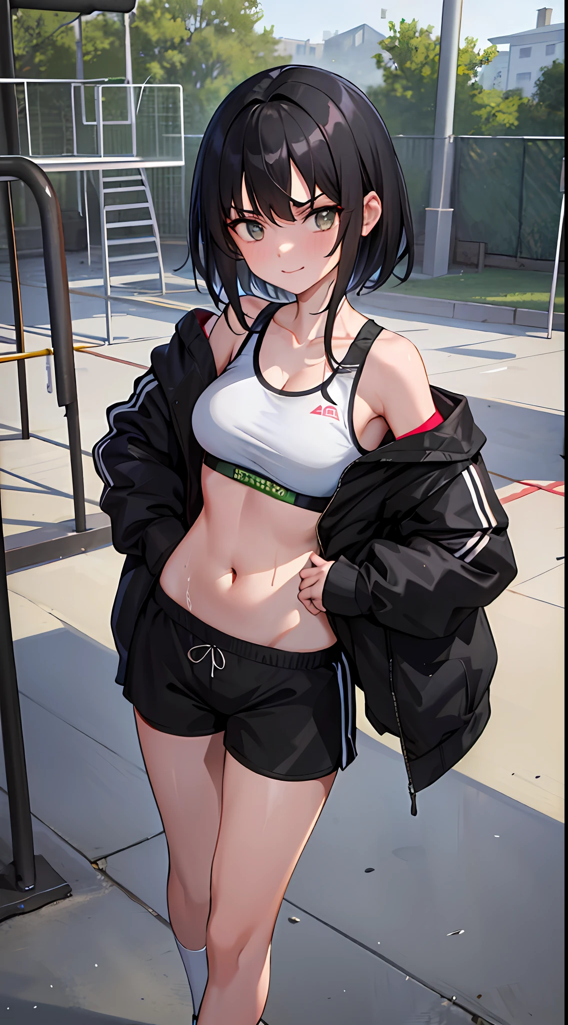 Best quality at best,tmasterpiece,1girll,with short black hair,big breasts beautiful,looking at viewert,ssmile,track suit,jogging,Off-the-shoulder attire,perspire,scowling,sweat shorts,Sports bra,Bust photo,sportrait,School playground