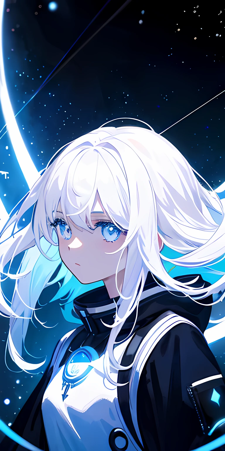 1girll, White hair, pupils in symbol shapes, Goddess of space, milky ways, Light particles, Light rays, the wallpaper, High contrast, Colorful,