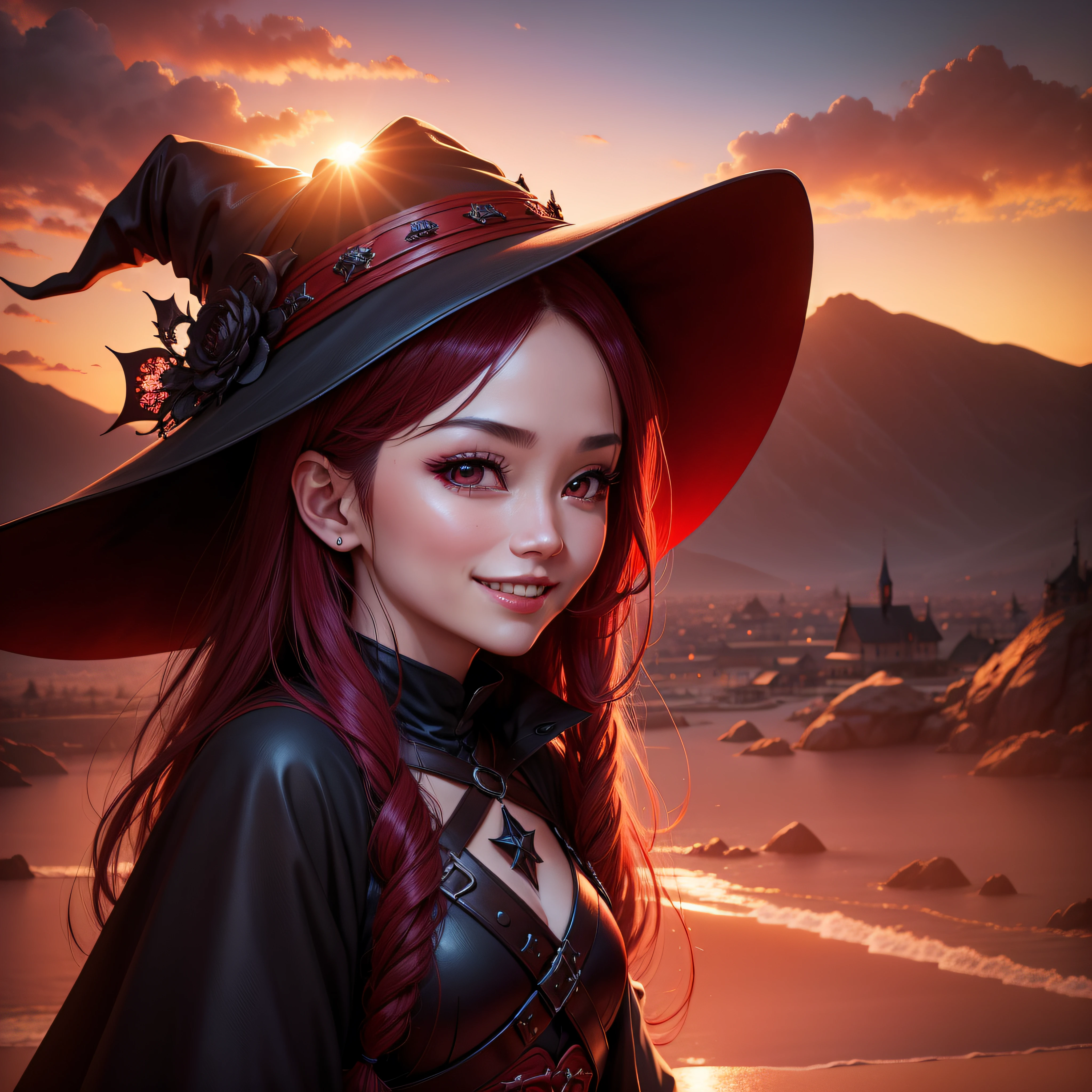 Against the backdrop of a bright red sunset、Smiling Witch。Dark fantasy style、8k picture、A hyper-realistic、细致背景、High-quality photos