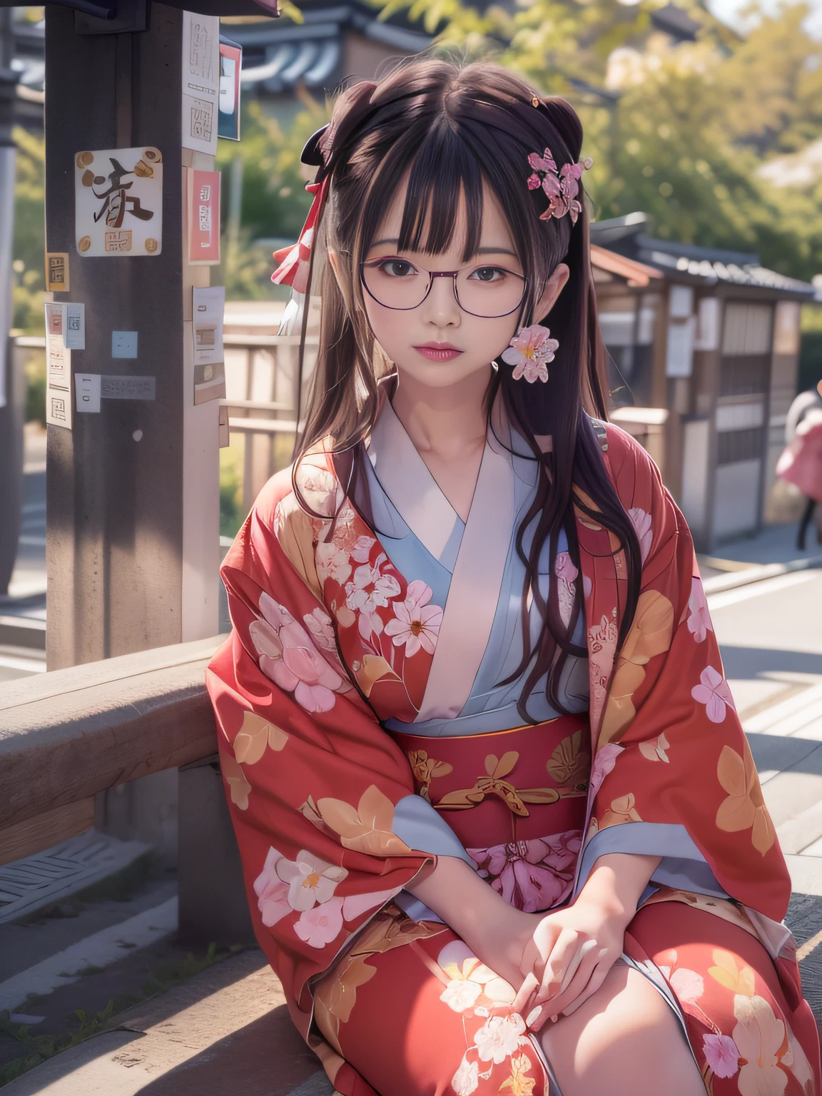 Alafi in kimono sitting on a bench at a bus stop,Snapshots, traditional japanese, in a kimono, Red kimono, japanese kimono, red kimono with flower patterns, Wearing kimono, A Japanese style, A Japanese Lady, Wearing a kimono, classy yukata clothing, bath robe,Street,Under the streetlight,Streetlight, Black Long Hair, in a kimono, Komono, Japanese Models, wearing royal kimono, ,Thin leg,skinny thigh,goddess of Japan,Small breasts glasses,