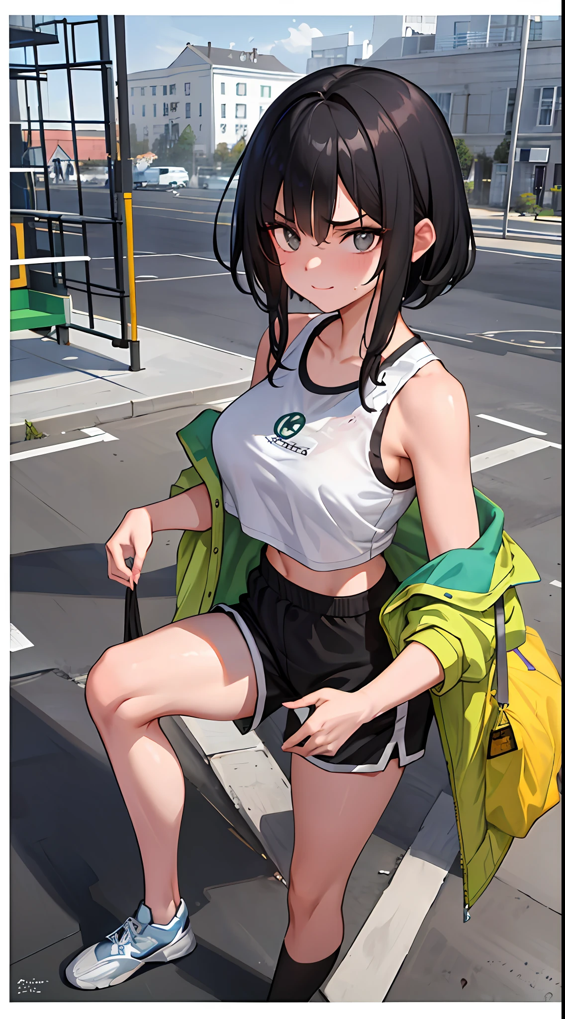 Best quality at best，tmasterpiece，1girll，with short black hair，big breasts beautiful，looking at viewert，ssmile，track suit，jogging，Off-the-shoulder attire，perspire，scowling，sweat shorts，Sports bra，Bust photo，sportrait，School playground