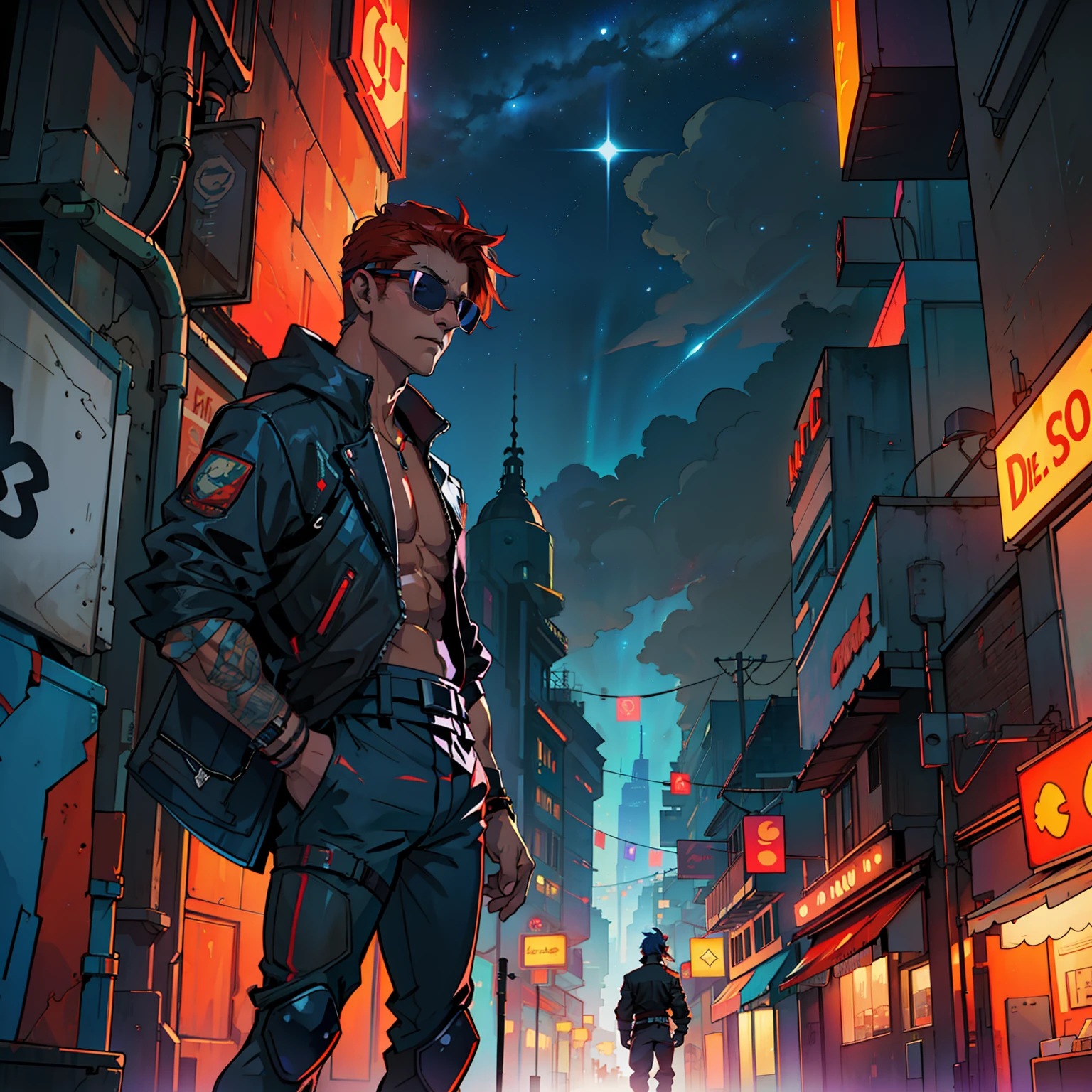 Une rue de New Youk dans un style cyberpunk la nuit avec une ambiance couleurs pourpre, ou, un homme marche de dos , il est grand, short hair and auburn a starry sky with red shades, ou et pourpre et des reflets au sol, The sky is starry