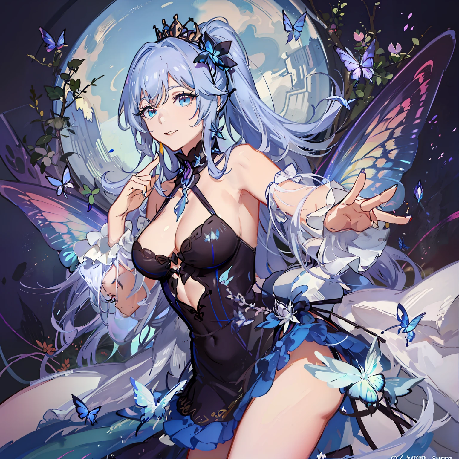 She is the queen of butterflies. She has a pair of eainbow butterfly wings. She wears a pale blue summer dress. She has a big bust. Her eyes are rainbow coloured. She is kind and gentle, but she seems to be very cold and evil. She has 2 long white ponytails.