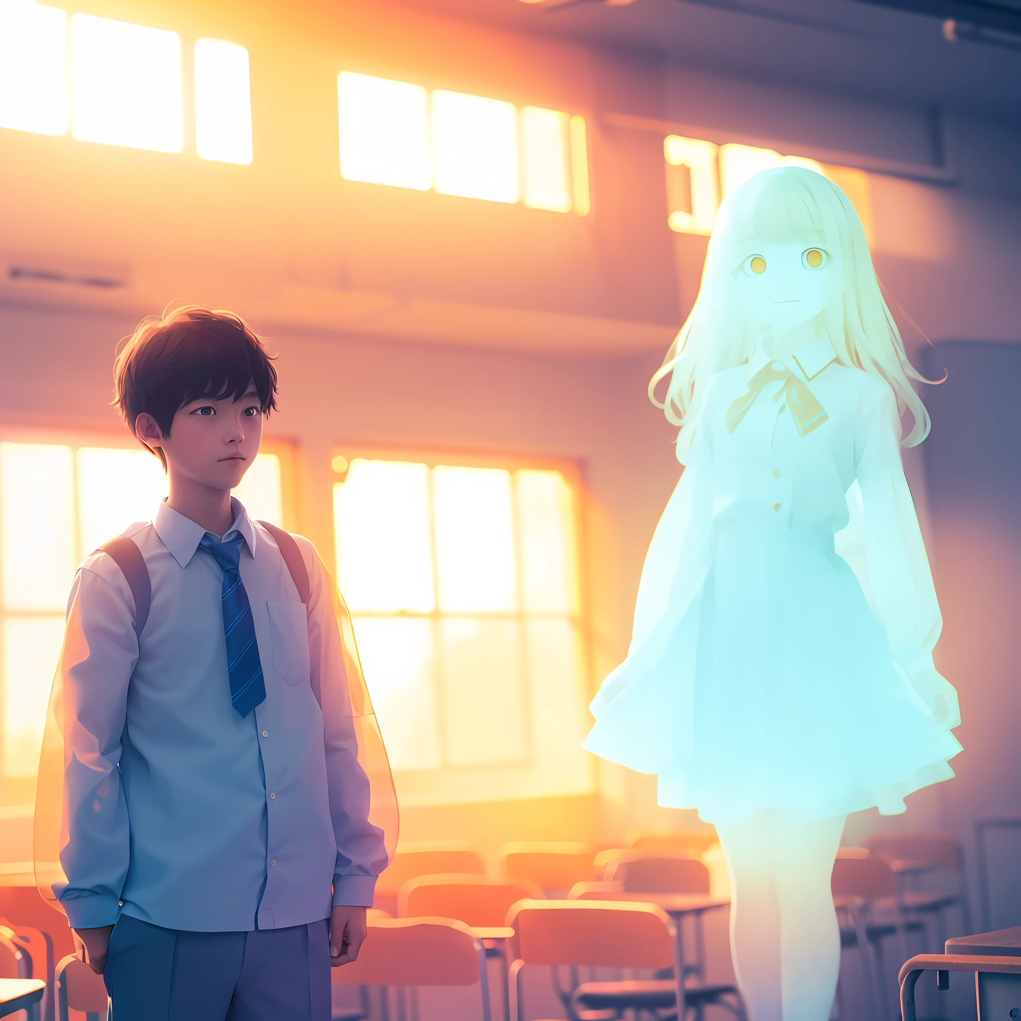 Ghost girl in classroom in school building at sunset(1.1)with  the、Junior high school boys(1.2)、Strong sunset light coming in through the window、The ghost girl was glowing pale(1.1),、Floating in the air(1.1)、Ghost girl is a translucent figure with transparent background(1.1)、Ghost girl has strong glowing yellow eyes(1.1), Ghost Girl Is a Junior High School Girl(1.1)、Girl in uniform in uniform(1.1)、The girl has a small face(1.1)、Natural Permaron Hair(1.1), cute school uniform(1.1)、big eye(1.1)、luminous body(1.1)、Slender and small breasts(1.1)、Staring at you(1..1)、Junior high school boy in uniform(1.2)、Junior high school boy looking at ghost girl with love(1.2)、Junior high school boys(1.2)、Top image quality、​masterpiece、Transparency of the entire screen、Photographic effects