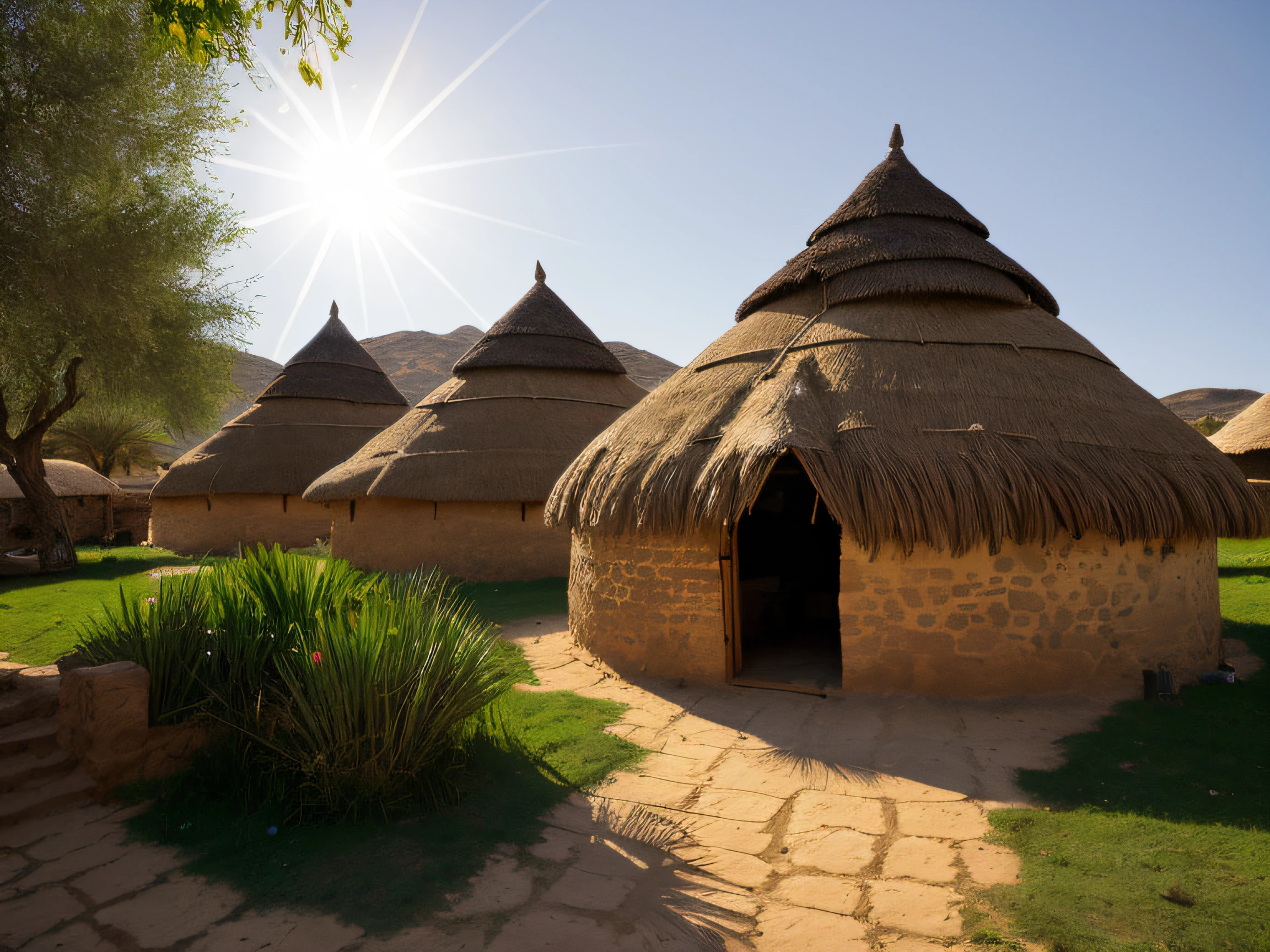 close up depiction of a medieval fantasy north african traditional dwelling hut, round, mud walls, thatched roof, humble, exterior, medieval fantasy north african architecture, in a medieval fantasy north african traditional village, (backlighting), realistic, masterpiece, highest quality, lens flare, shade, bloom, [[chromatic aberration]], by Jeremy Lipking, by Antonio J. Manzanedo, digital painting