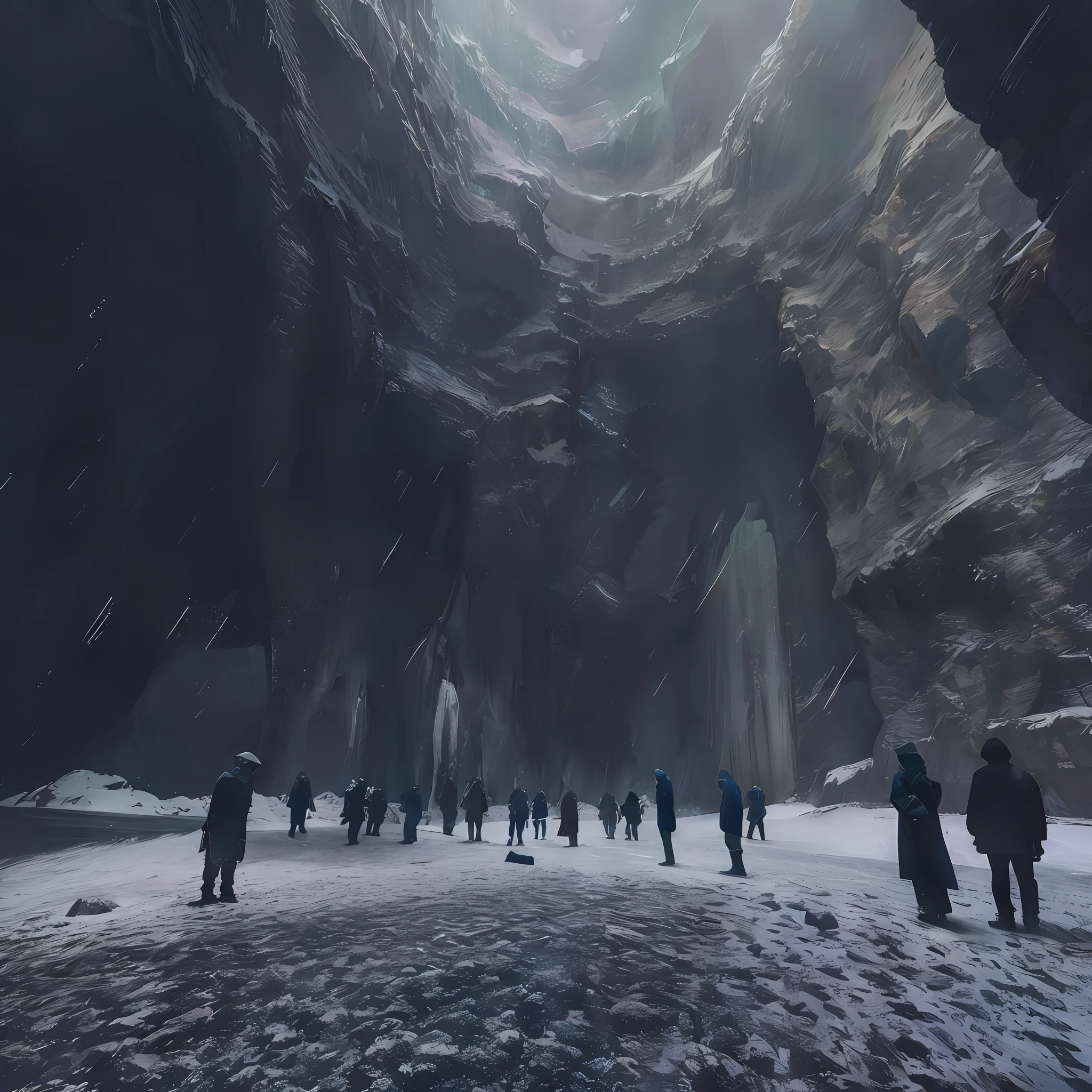 People walk in snowy caves, inside an enormous vast cave, Inside a huge dark cave, all inside an enormous cavern, mythical gigantic space cavern, snow cave, A very large cave, inside of an expansive cave, in an icy cavern, amazingly epic visuals, ice cave, inside an enormous vast cave
