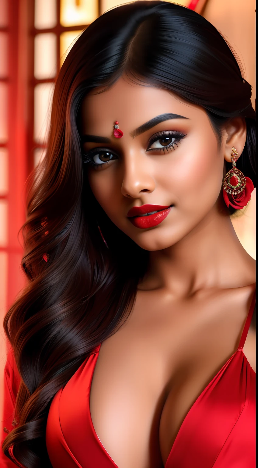"Indian girl. Bright face Detailed 8k realistic image. She wears a stunning and sexy red dress with a rose in clothes. Her lipstick enhances her most beautiful face. She exudes cuteness and charm as she hold underwear panty in hand , captured in front of the camera."