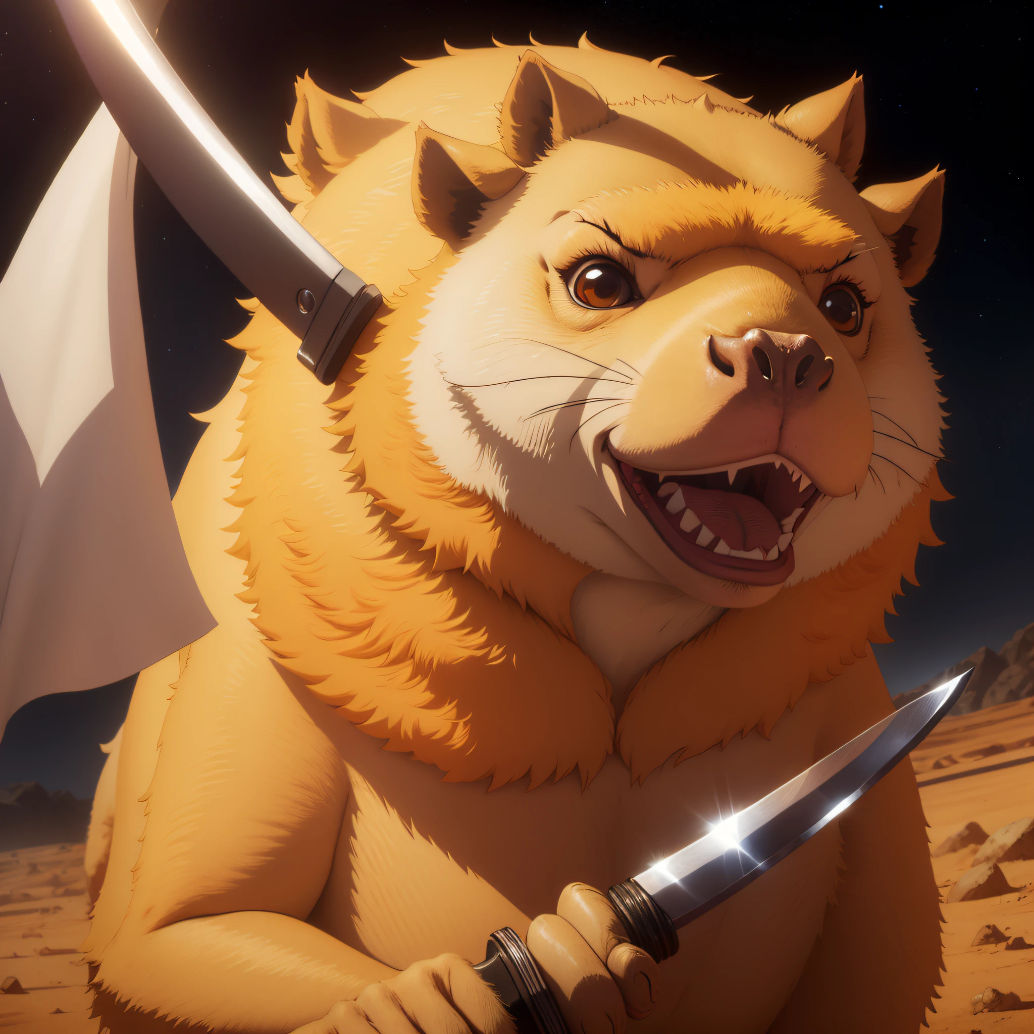 Murderous capybara with a knife in her hand, com sorriso no rosto, com olhos de estrelas