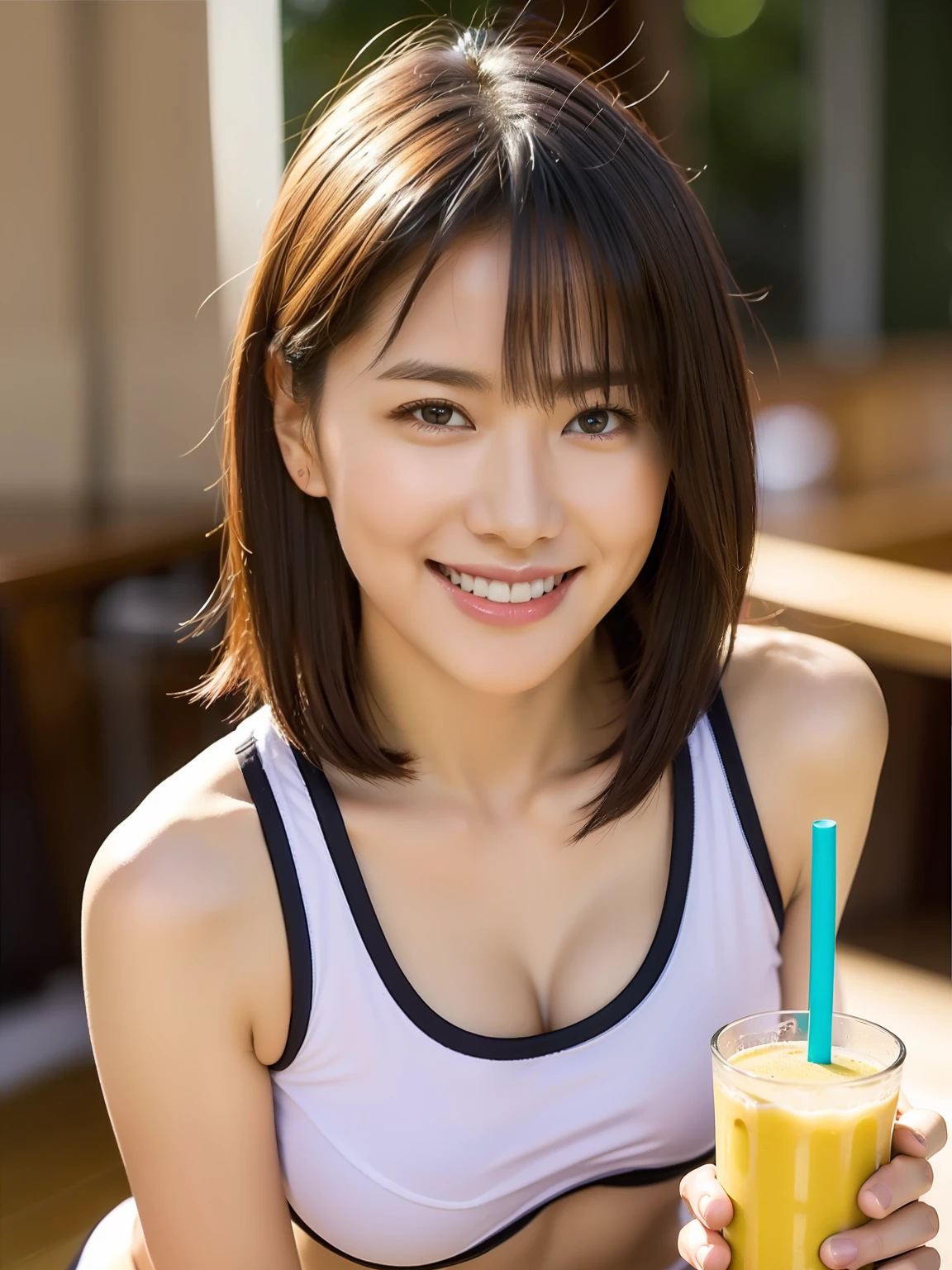 (masterpiece), top-quality, 超A high resolution, a closeup, Slim Body 1 Girl、huge tit、Jogging Wear、Have a smoothie、Have a drink、Sports、delicated face、A smile、high-level image quality、short-cut、High Detail, foco nítido, Dramatic, Photorealsitic