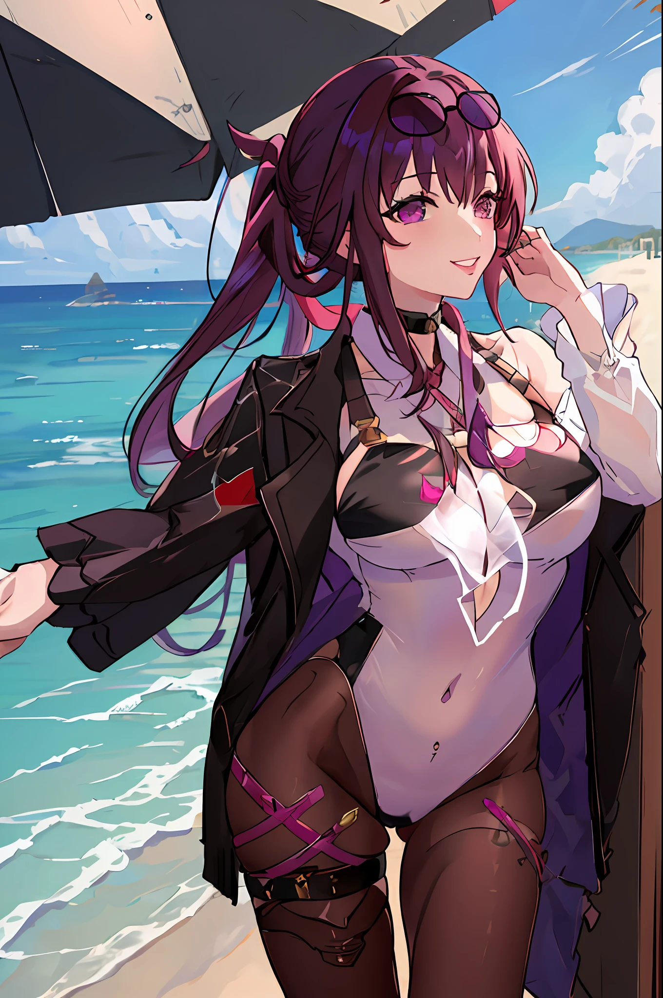 masterpiece, kafka hsr, 1girl, solo, long hair, breasts, looking at viewer, perfect smile, bangs, large breasts, wearing swimsuit, sexy body, purple eyes, ponytail, purple hair, parted lips, sunglasses, eyewear on head, siting on the ground, beach, detailed background