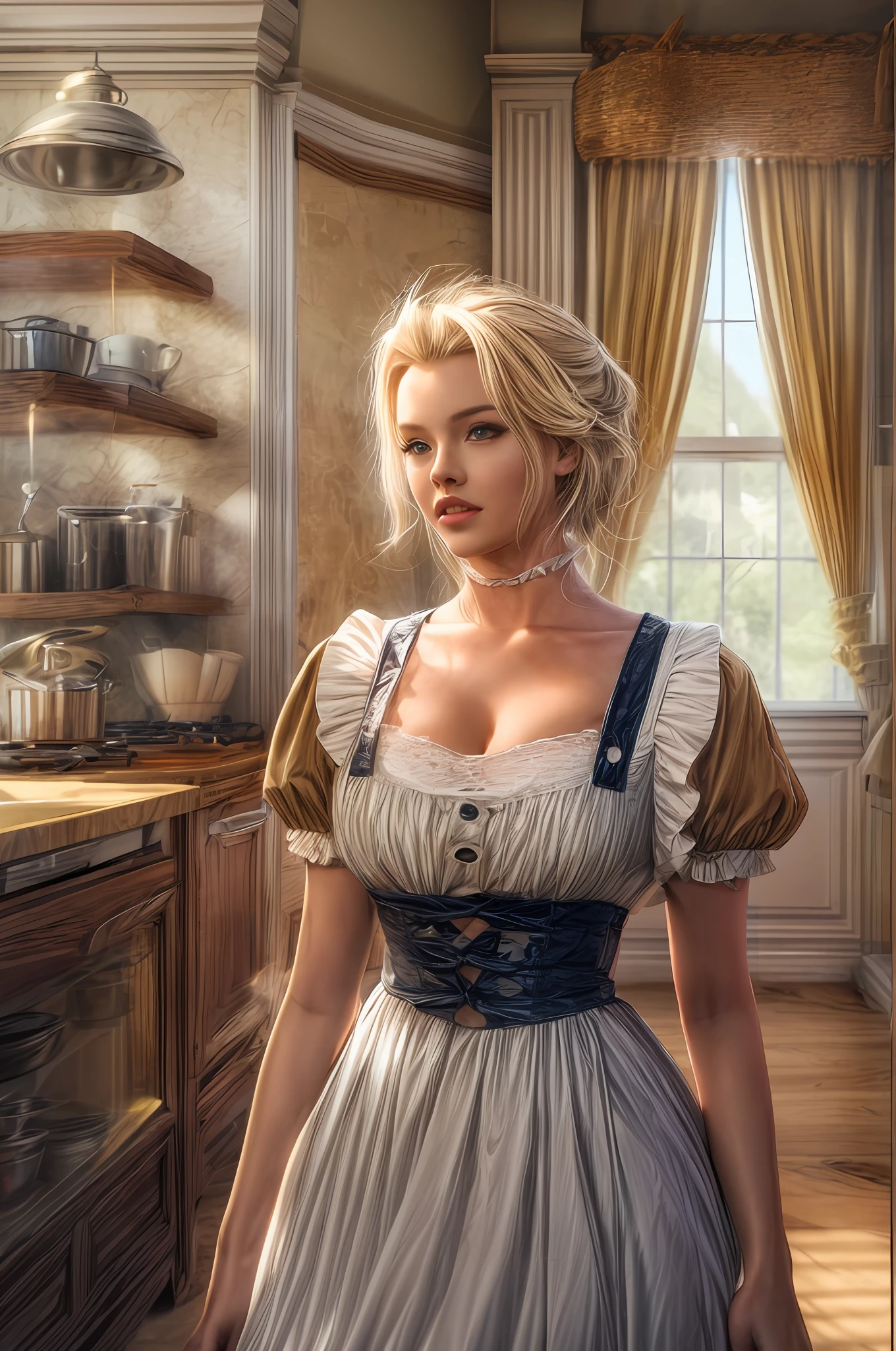 cute blond german maid full body photography,  photorealistic modern, in the style of ,  Artstation Deviant art Pinterest Cgsociety Behance Pixiv,  sunlight, ((victorian maid outfit)), very huge boobs, cleavage, thick tighs, kitchen background, young face, smooth and pale skin, (marylin monroe haircut), blue eyes,  intricate scenery HDR post-processing 4k cinematic fine details very detailed trending on artstation