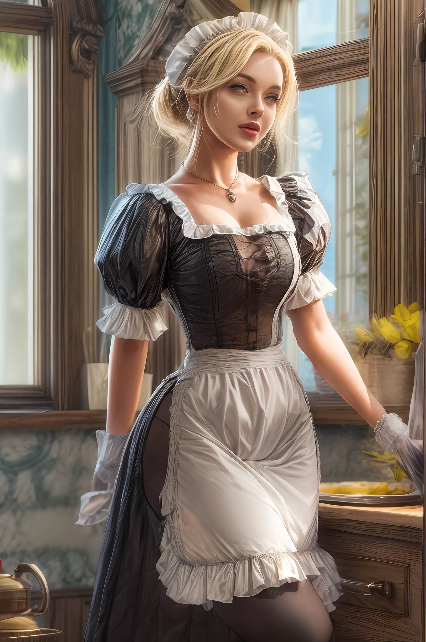 cute blond german maid full body photography,  photorealistic modern, in the style of ,  Artstation Deviant art Pinterest Cgsociety Behance Pixiv,  sunlight, ((victorian maid outfit)), very huge boobs, cleavage, thick tighs, kitchen background, young face, smooth and pale skin, (marylin monroe haircut), blue eyes,  intricate scenery HDR post-processing 4k cinematic fine details very detailed trending on artstation