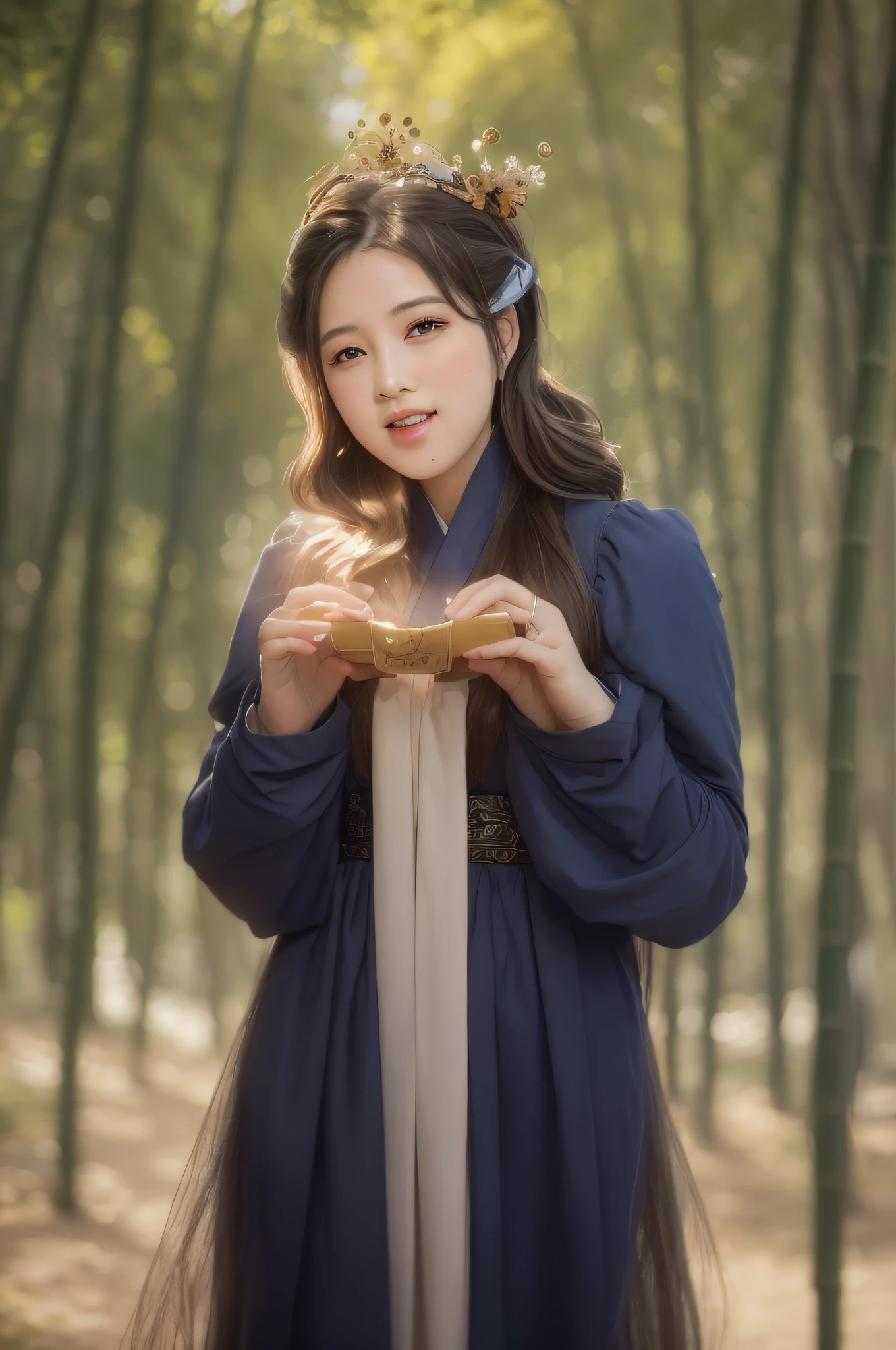 Masterpiece, Best quality, offcial art, 8K wallpaper, Highly detailed, illustration, 1 girl, Azure hair, Long hair, Detailed eyes, Forrest, Bare shoulders, Hanfu,lakes, Pure, Soft smile,Bamboo,