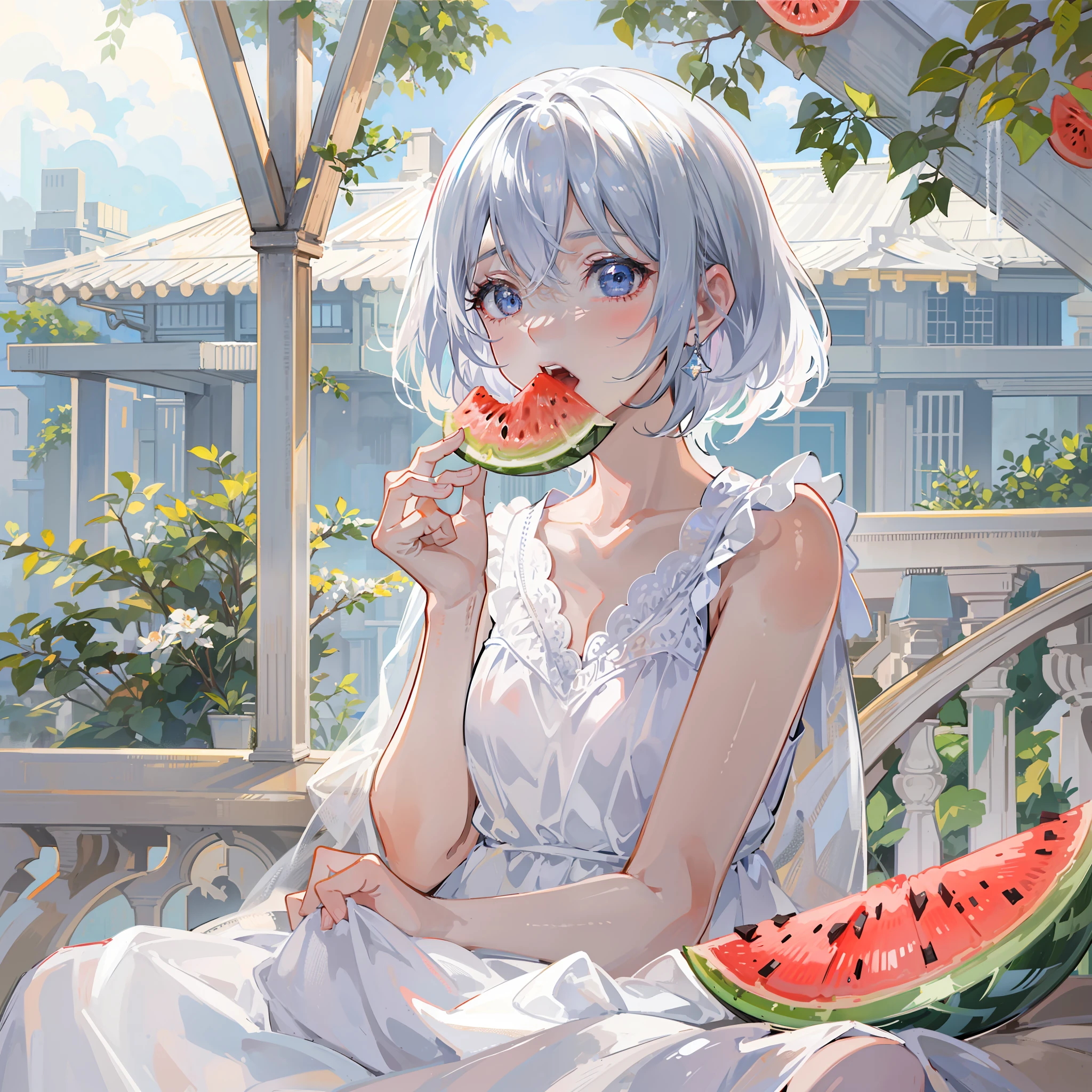 Girl in a dream。I have short silver hair。I'm wearing a white dress。Eyes are light blue。I'm eating a watermelon cut into triangles。The place sits on the veranda。It is an illustration of the highest quality。It is a beautiful illustration。