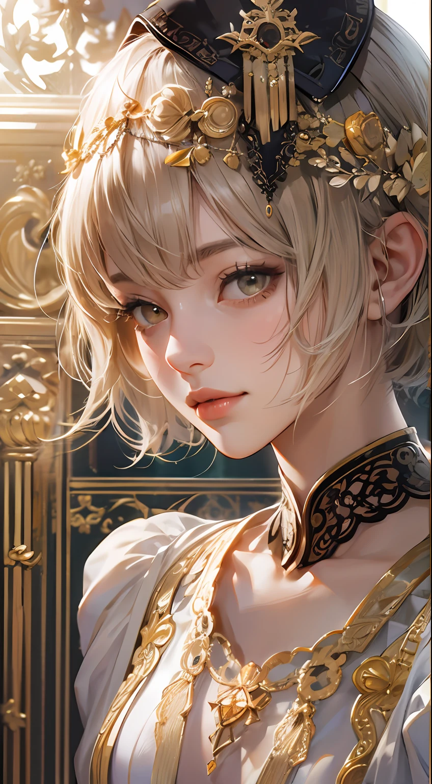 (airport:1), PM, (Black Gown:1), Golden Fringe Shorthair, Light brown eyes, 1girl in, 20yr old, Innocence, (Photorealsitic), (intricate-detail:1.2),(masterpiece, :1.3),(top-quality:1.4), (超A high resolution:1.2), 超A high resolution, (A detailed eye), (detailed facial features), nffsw, 8K分辨率, (lensflare:0.7), Looks Back,