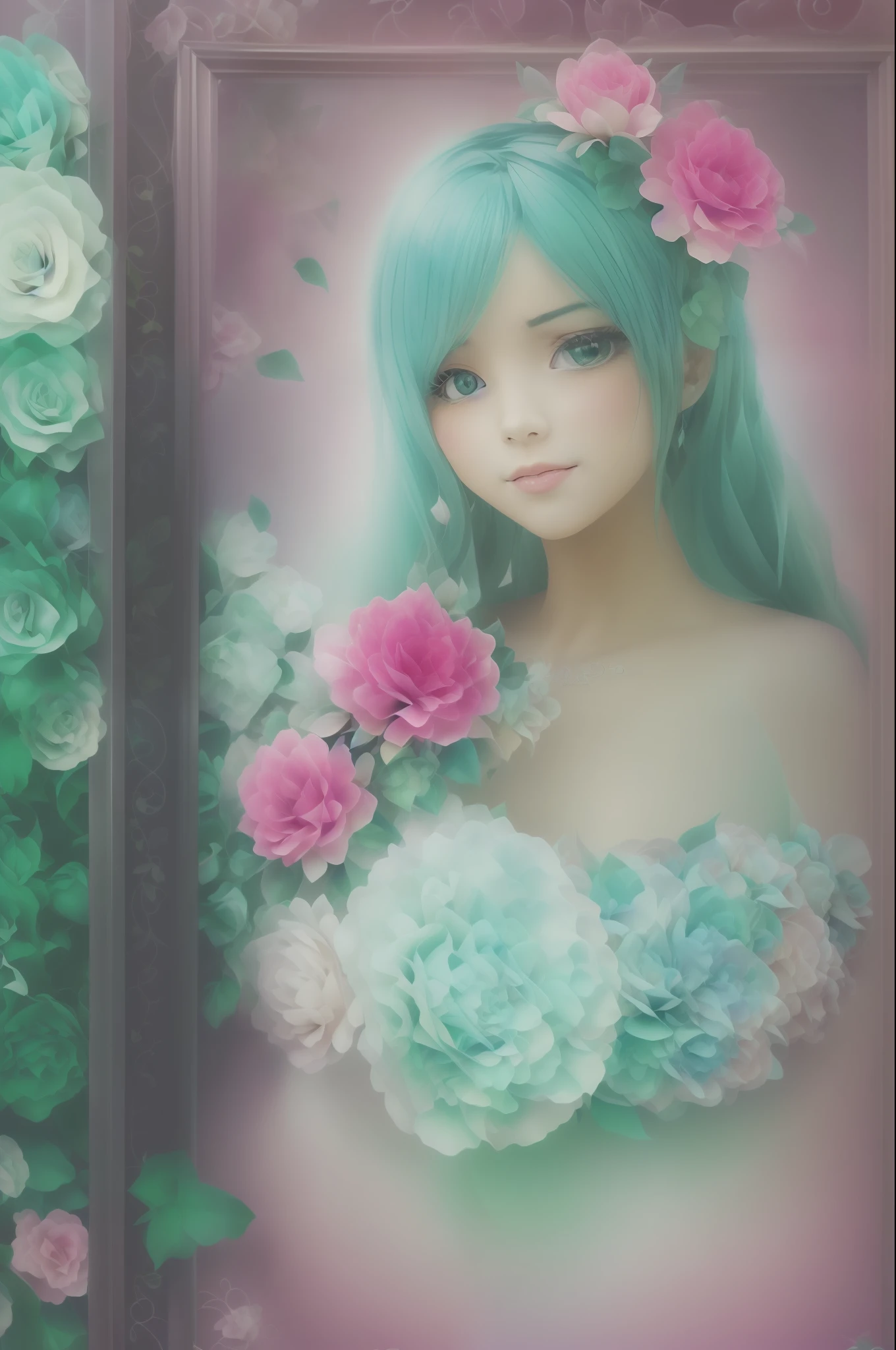 Photographic poster of beautiful women, Sony α7, 35mm Lens, f1.8、((Konmutsuki_gacha_series1, punk_rosette))), cute girl, aqua color flowers, (full body), elegant flowers background, realistic photo, beautiful woman, Beautiful girl, beautiful background, charming girls, realistic 3d style, photo realistic render