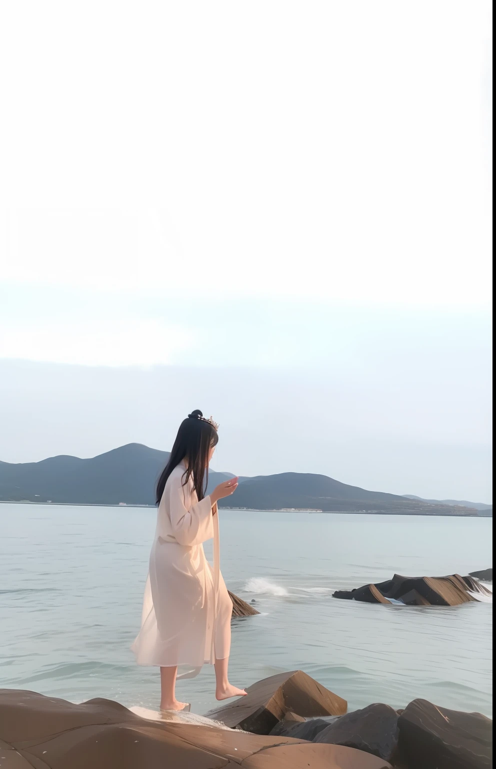 (queen of the sea mu yanling+4 girls dancing+flowing robe+flowing magical robe+long beautiful flowing kimono:1.2+cloak flittering in the wind) Standing on a rock by the water, standing on the sea side, near a jetty, photoshoot, cloaks, Flowing hair fluttering, Pose 4 of 16, Flowing robes on the rocks.