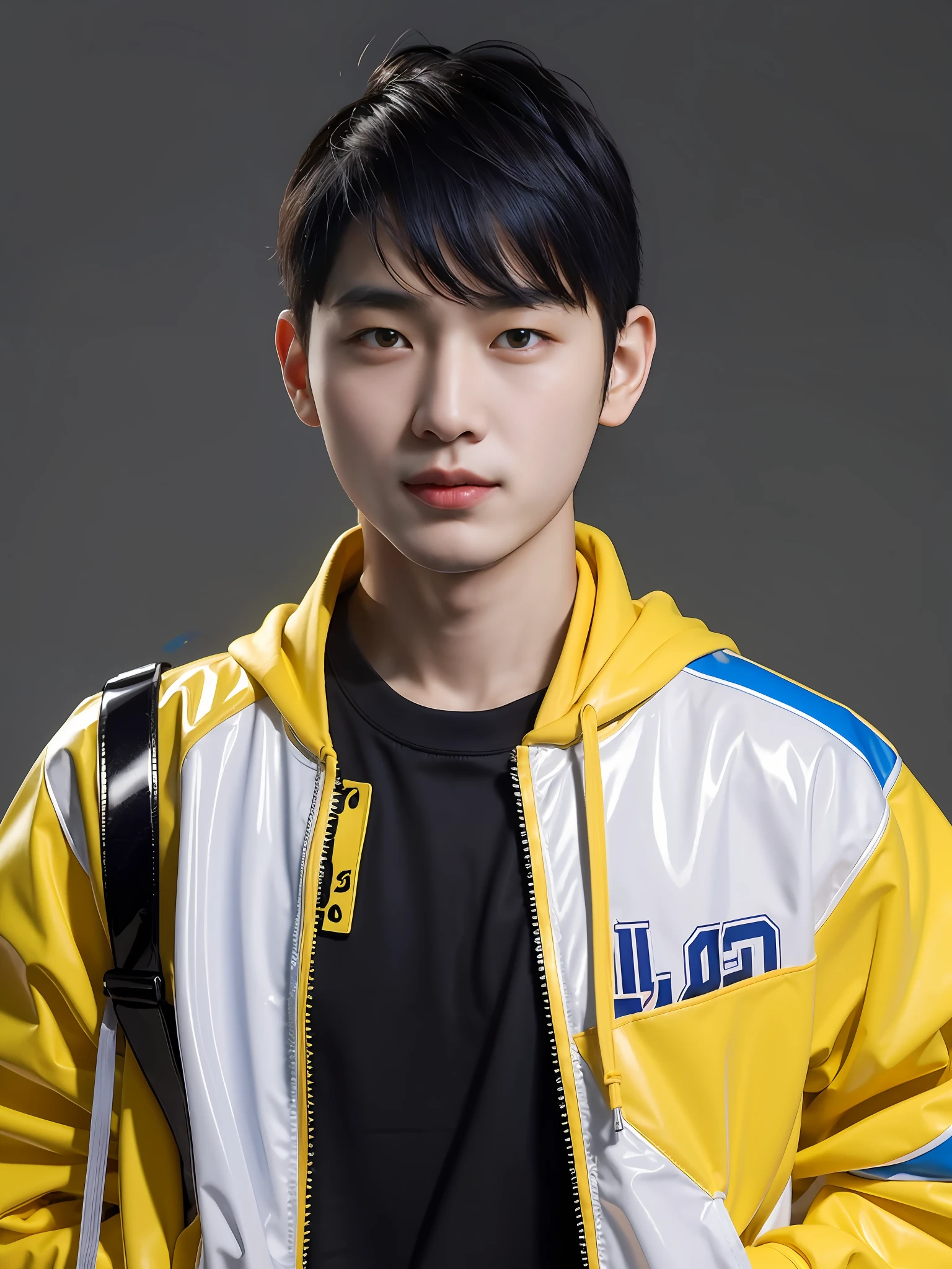 Chinese male high school student,Wearing a PVC yellow sweatshirt