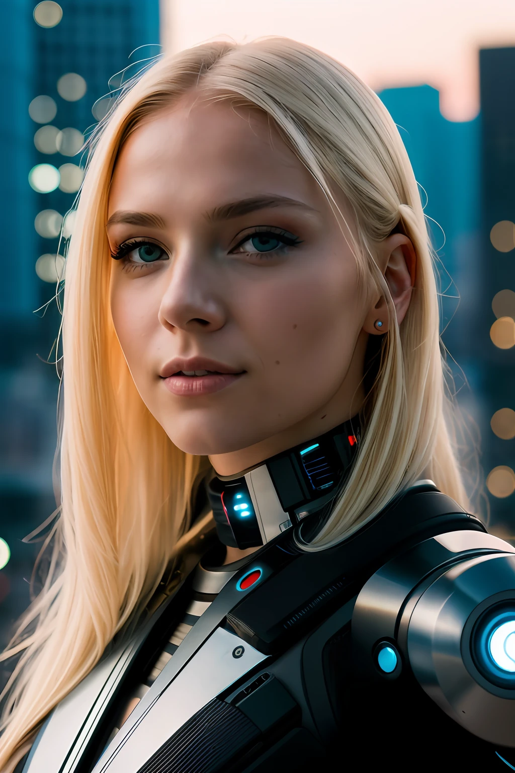 RAW photo, futuristic style, a portrait photo of a beautiful cyborg girl with red eyes and blonde hair, natural skin, a city futuristic, 8k uhd, high quality, film grain, Fujifilm XT3