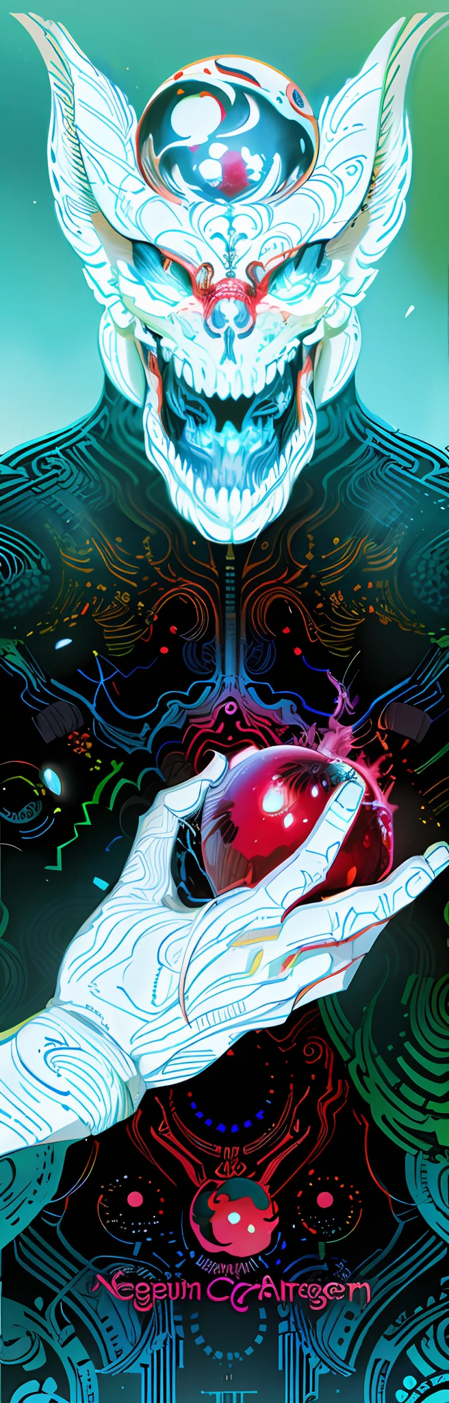 Man drawing a skull and a red apple, psytrance artwork, psychedelic organic cyborg, Dan Mumford and Alex Gray style, psychedelic cosmic horror, Science-fi digital art illustration, Official artwork, psychedelic illustrations, full color digital illustration, digital visionary art, detailed digital illustration, full art illustration, kilian eng vibrant colours, Changeable psychedelic background