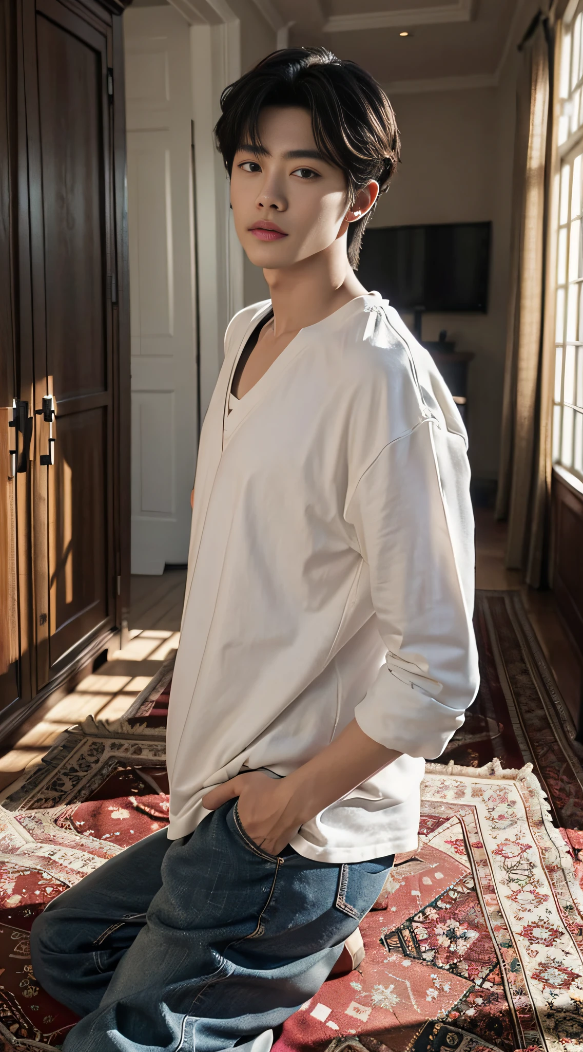 best qualityer， tmasterpiece， （realisticlying：1.4）， 1boy， 独奏， short detailed hair， largeeyes， Bare upper body ， Bare-chested， The upper part of the body， dramatic lights， looking at viewert，（Hands behind your back：1.2）， standing on your feet， inside in room， liveroom， desks， carpets， wooden floor， decorations， janelas， rays of sunshine