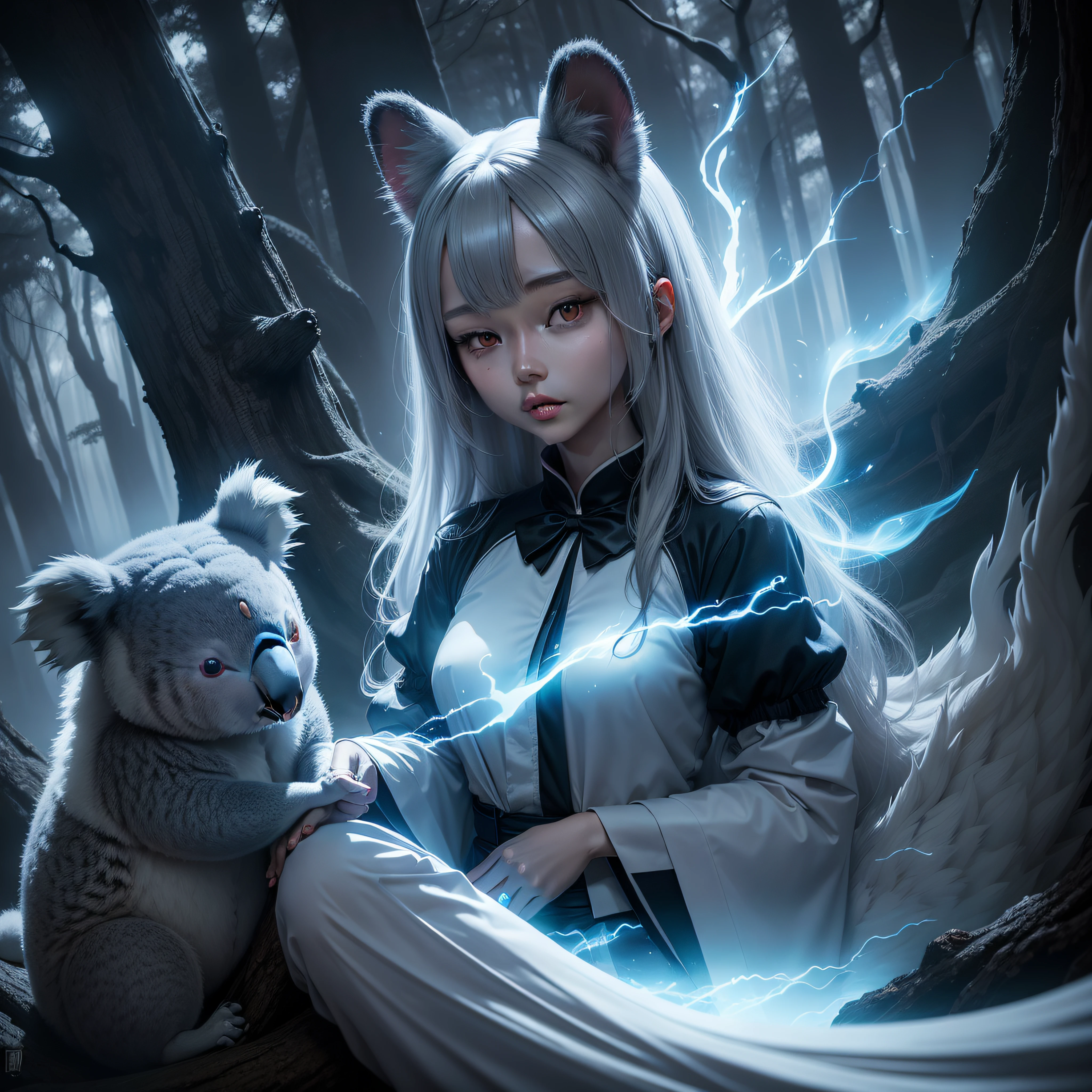 ((masterpiece)), (forest), gumiho, kitsune, ((koala)), monochrome, (supernatural), dark, (magical), mythic, blue atmosphere, serene, ((aura)), light particles