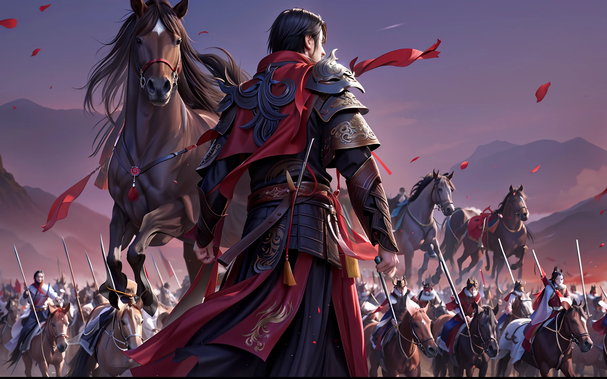 In the field there is a man in a red cloak and a horse, by Yang J, author:Qu Leilei, inspired by Ma Shi, By Li Song, chinese three kingdoms, author:Li Di, author:Wang Yi, author:Li Zai, G Liulian art style, Chinese Warrior, author:Shao Mi, inspired by Lu Zhi