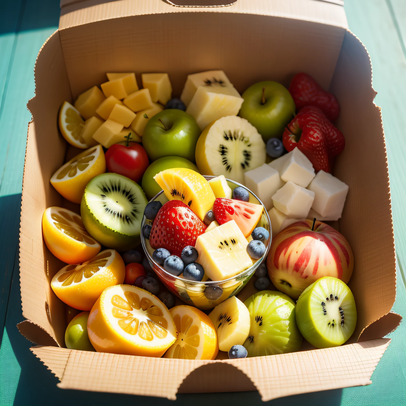 Clear plastic boxes containing fresh fruit,There are apple chunks inside,sliced banana,Mango chunks,blue berry,cherry tomatoes,Milky white melon chunks,Cantaloupe chunks,kiwi,Papaya chunks,Watermelon chunks,Drizzle the yogurt over the fruit