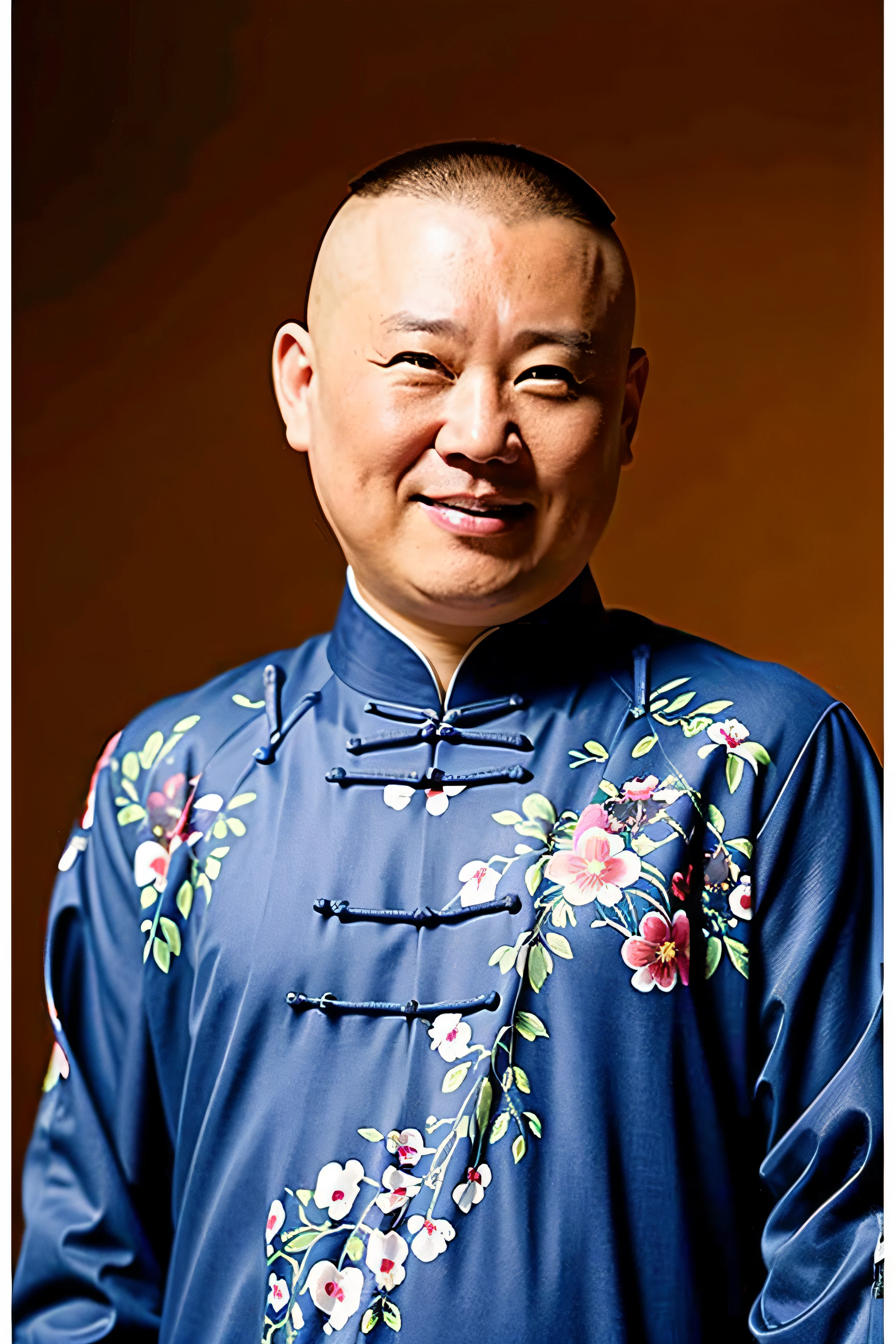 Best quality, super high resolution, (fidelity: 1.4), 1man, bald head, detailed eyes, upper body, peaceful, serious, kind, traditional Chinese clothing