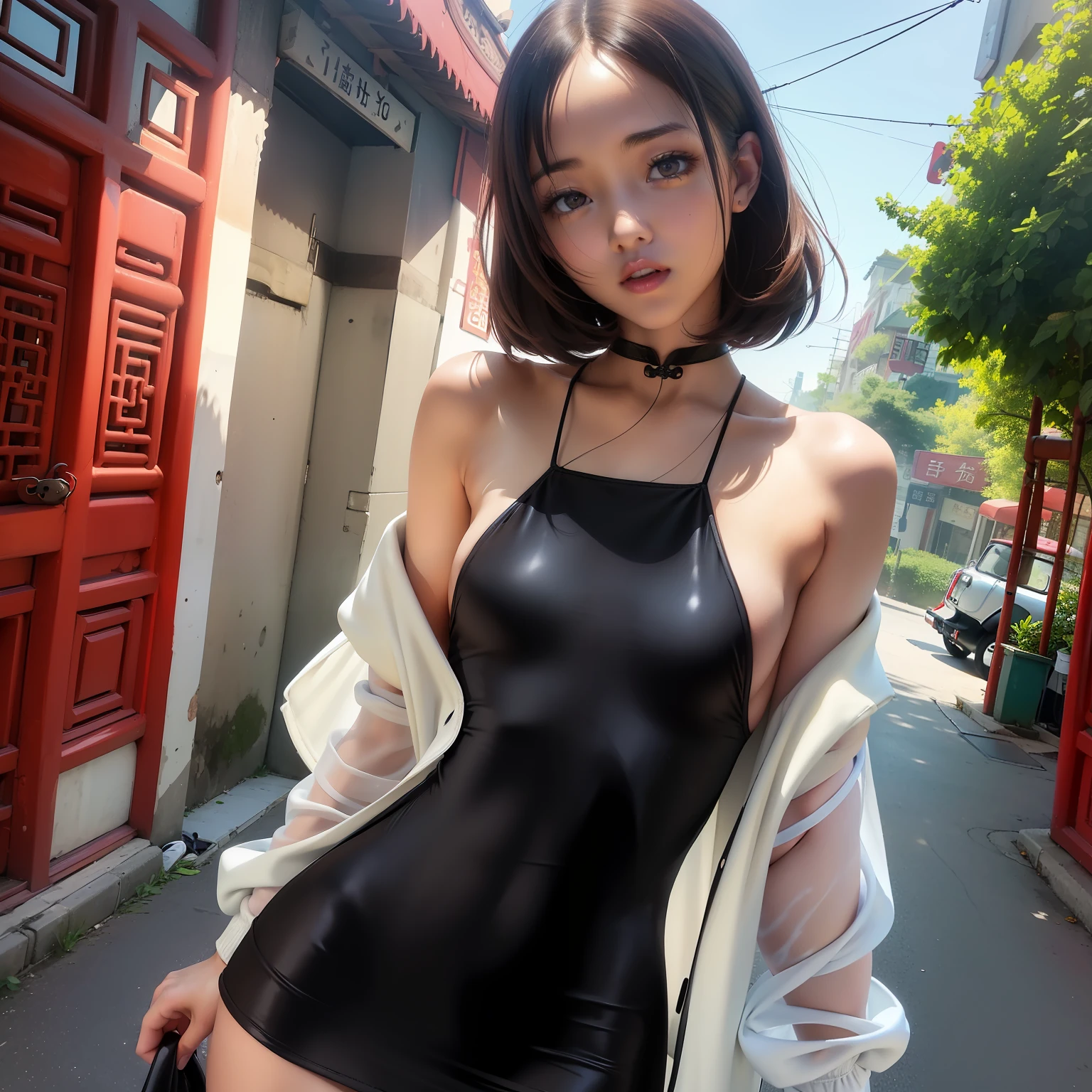 hight resolution、
One beautiful young woman、
(Soft Saturation:1.3)、(light skinned:1.2)、
wearing white outfit、
85mm lens、F / 8.0、
background
gal、
brown haired、
Chest spills out of clothes、
Romper
(China Street:1.3)、
1girl in、18year old、(Black Mini Dress:1.5)、Side Tie Peak、
a miniskirt、