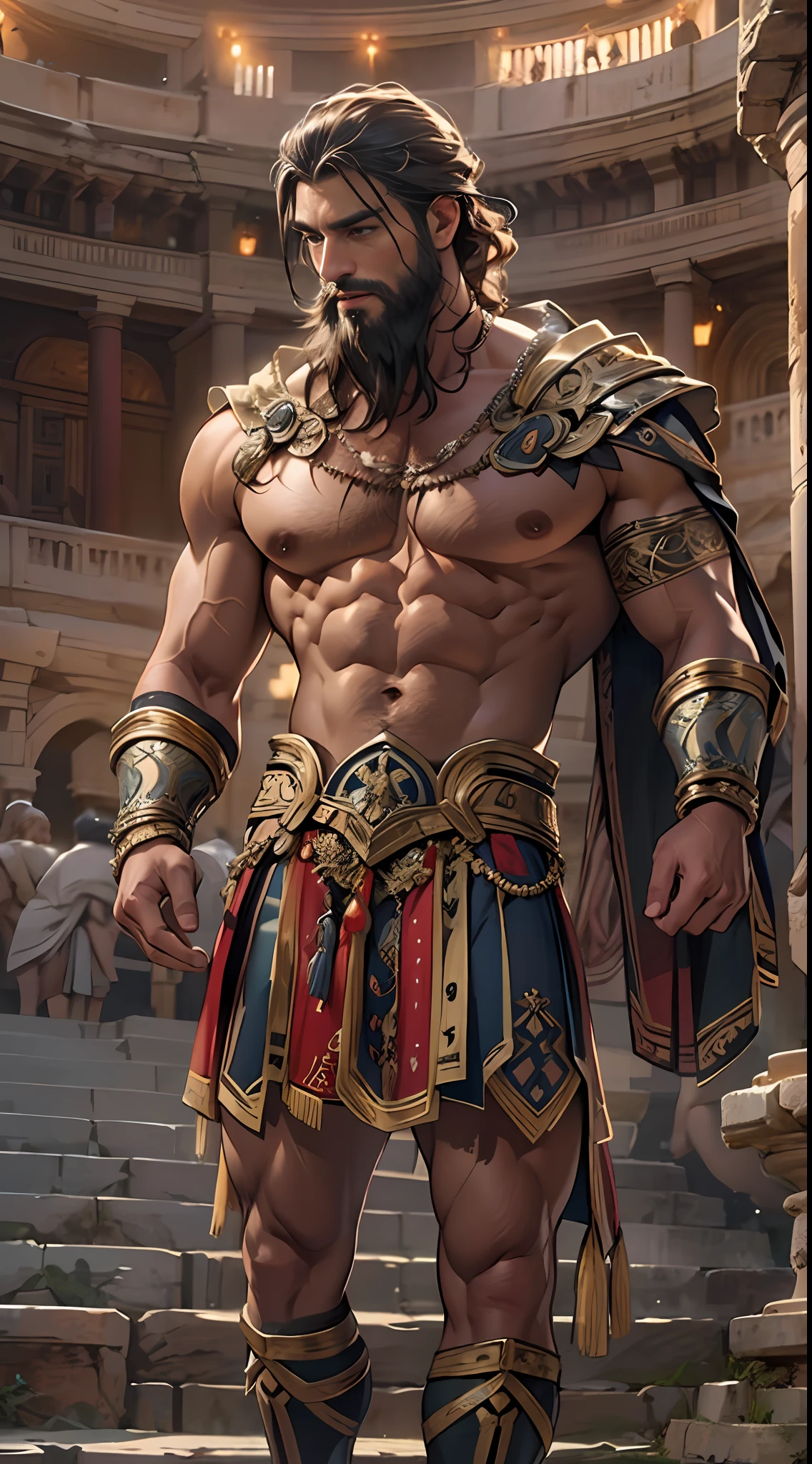 Muscular gladiator, upper body revealed, legs uncovered from thighs to feet, adorned with a beaded beard, flowing long curls, intricate muscular details, photorealistic artwork, 4K resolution. Background: Ancient Roman arena,32k uhd, best quality, masterpiece, super detail, high details