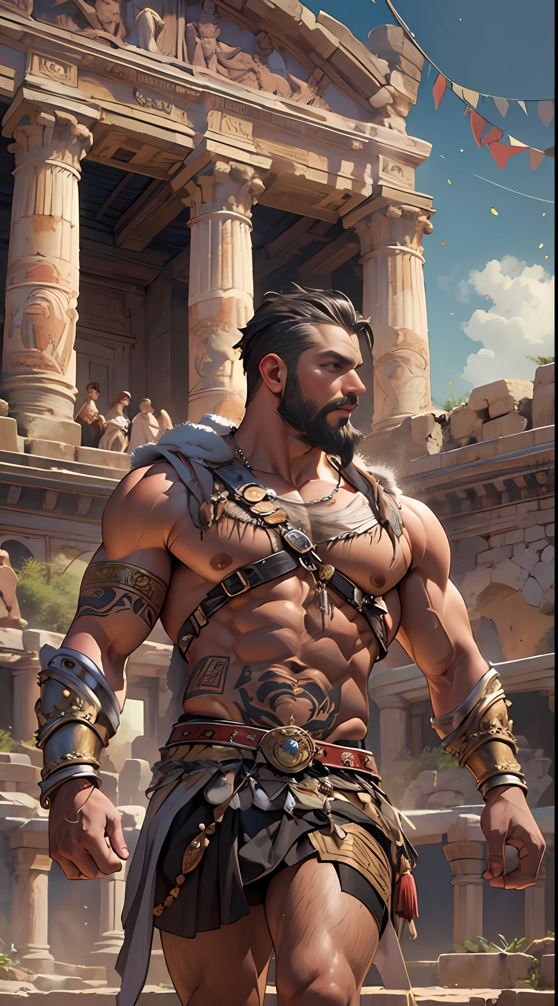 Muscular gladiator, upper body revealed, legs uncovered from thighs to feet, adorned with a beaded beard, flowing long curls, intricate muscular details, photorealistic artwork, 4K resolution. Background: Ancient Roman arena,32k uhd, best quality, masterpiece, super detail, high details