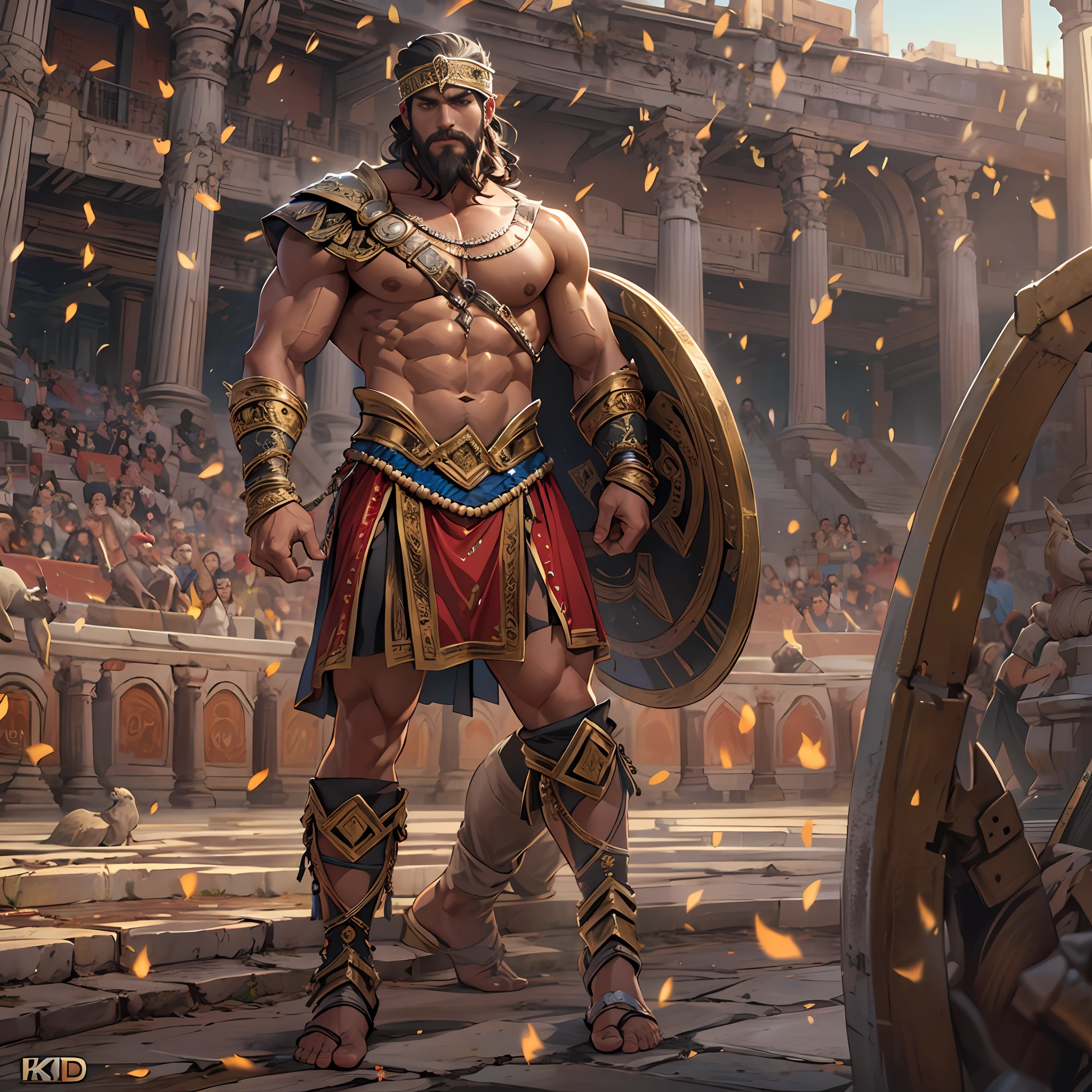 Muscular gladiator, upper body revealed, legs uncovered from thighs to feet, adorned with a beaded beard, flowing long curls, intricate muscular details, photorealistic artwork, 4K resolution. Background: Ancient Roman arena,32k uhd, best quality, masterpiece, super detail, high details