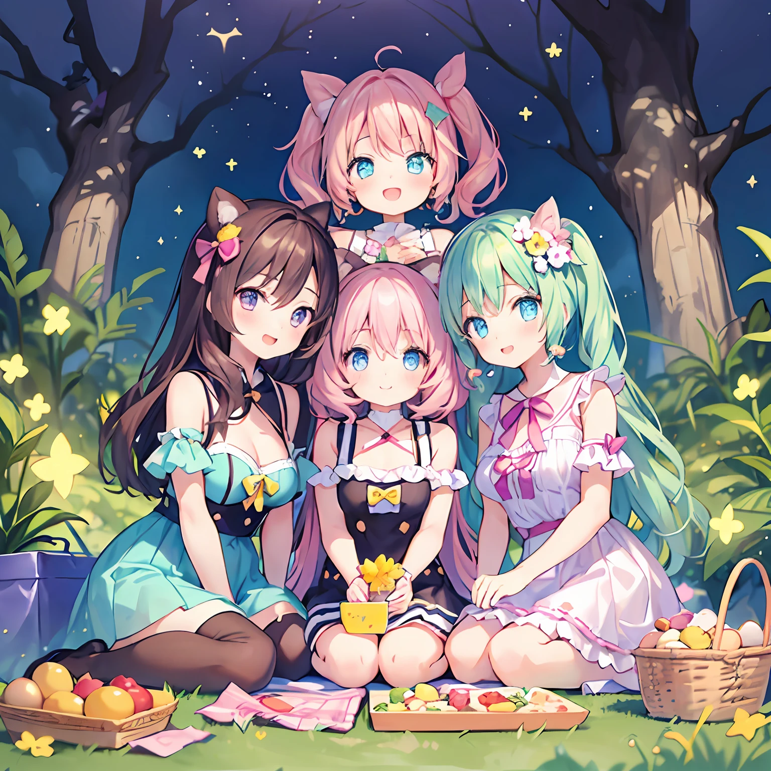 masterpiece, (2girls and 2girls and 2girls and 2girls at picnic), idol, big eyes, kawaiitech, kawaii, cute, pastel colors, best quality, happy, deep background, symmetrical, tilted head, summer