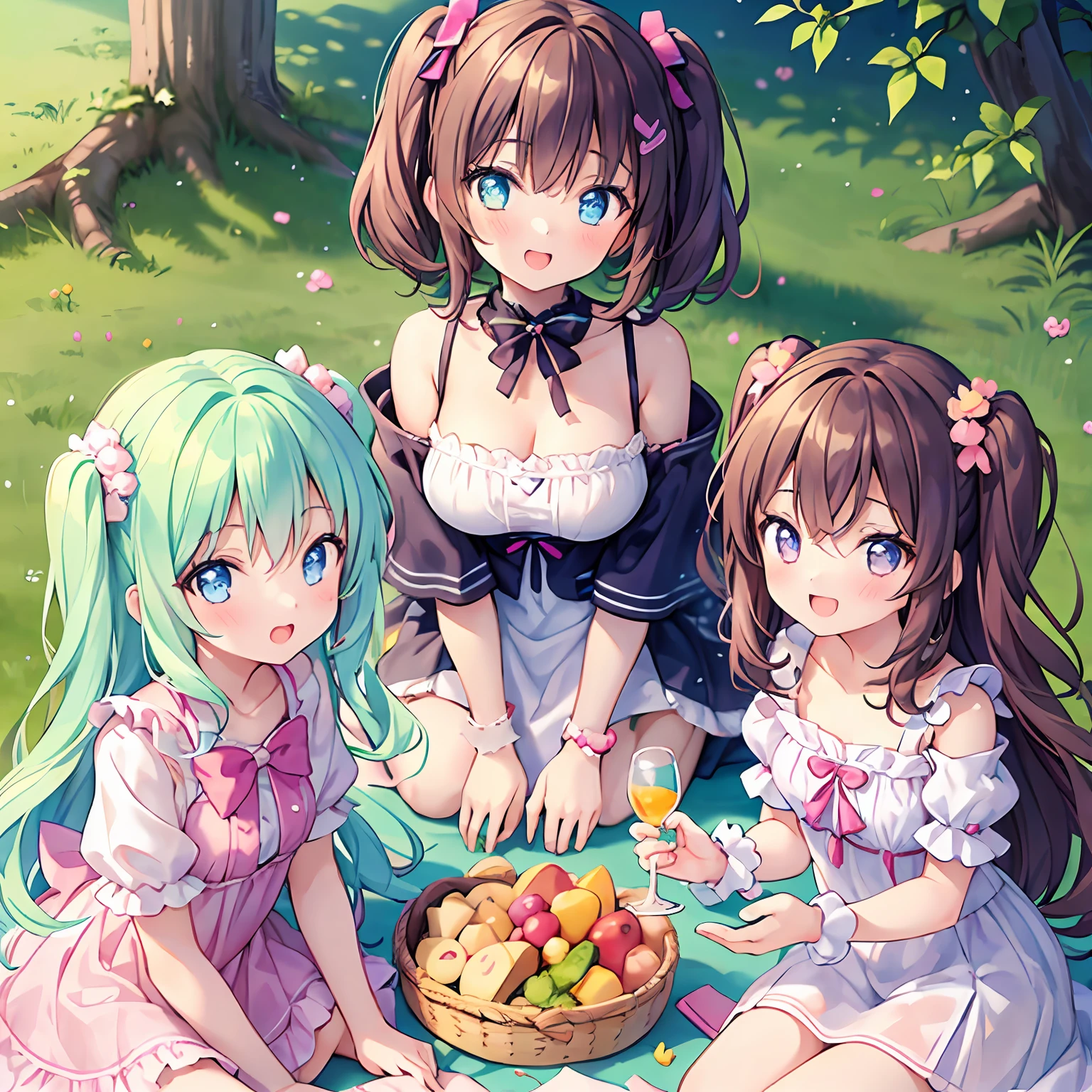 masterpiece, (2girls and 2girls and 2girls and 2girls at picnic), idol, big eyes, kawaiitech, kawaii, cute, pastel colors, best quality, happy, deep background, symmetrical, tilted head, summer