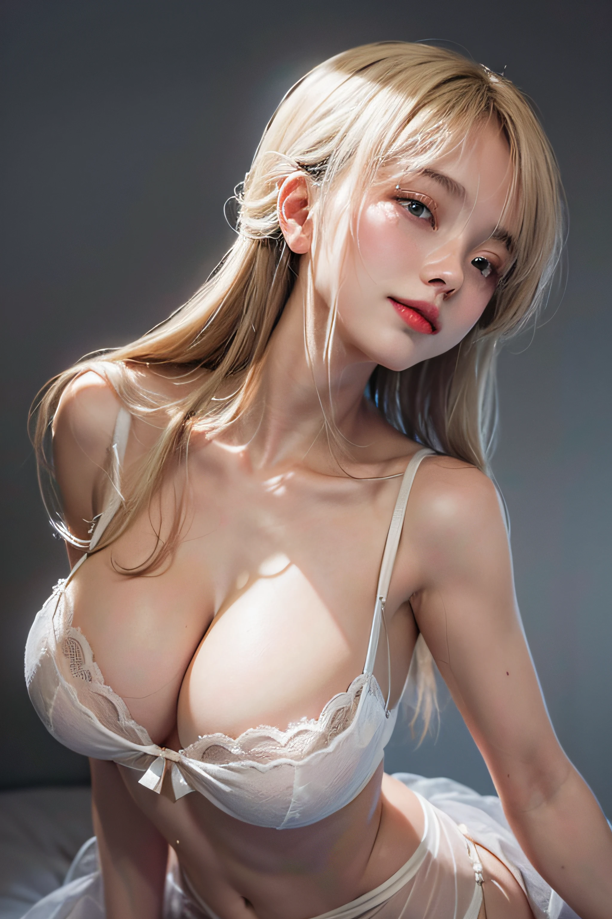 surrealism, 85mm, Masterpiece, Super detail, Best quality, A high resolution, 8K,Milky skin,ssmile,white under lingerie,closeup of face,realisticlying,Soft saturation