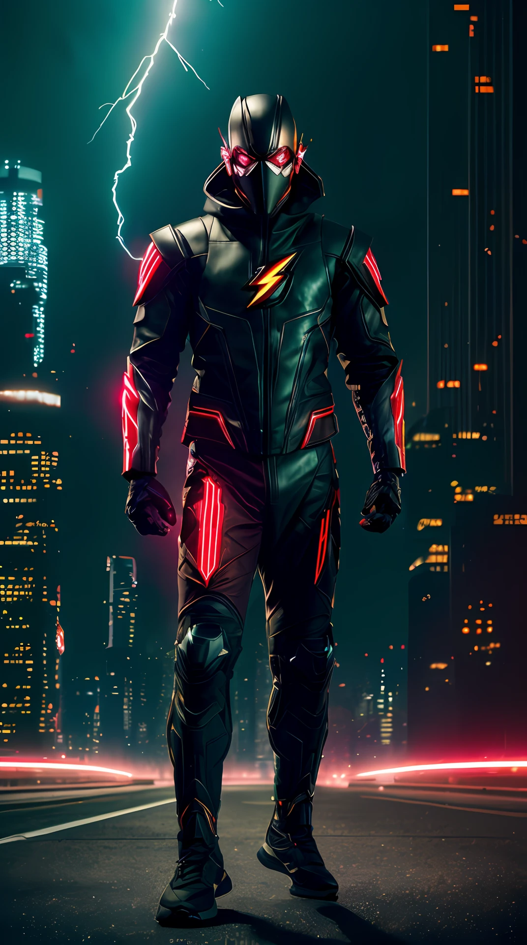 Cyberpunk flash , Dark Armor, Summon masks, Glowing red eyes, body builder, jogging, urban in the background, lightning in sky, Hyper-detailing, hyper realisitc, cinematic ligh , rendering by octane, 16k,salama