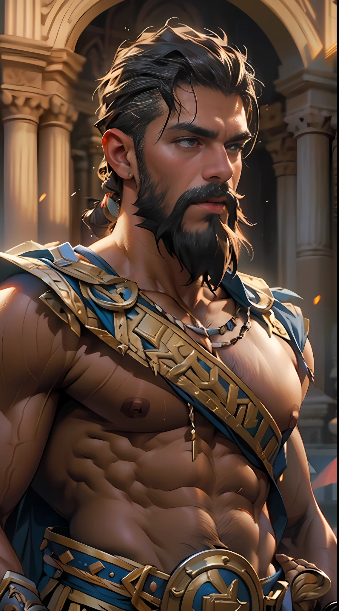 Muscular gladiator, upper body revealed, legs uncovered from thighs to feet, adorned with a beaded beard, flowing long curls, intricate muscular details, photorealistic artwork, 4K resolution. Background: Ancient Roman arena,32k uhd, best quality, masterpiece, super detail, high details