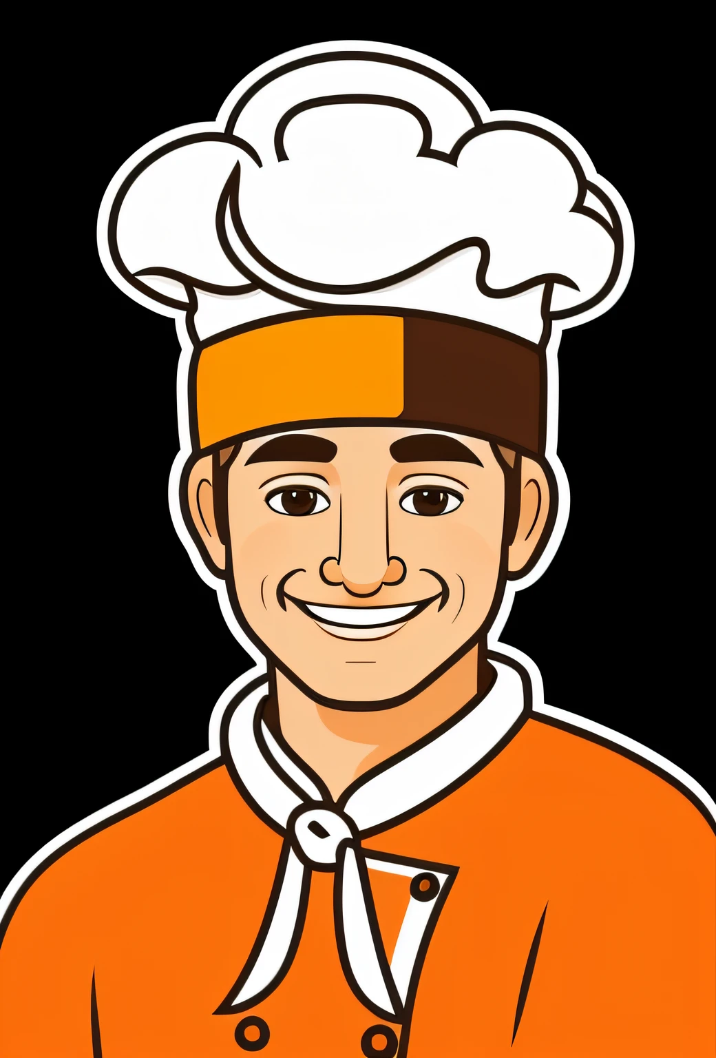 create line drawing of just a cook in avatar character head style, head only of a cook, handsome and friendly, smiling, happy man, with traditional cook hat, for advertising, vector art, good lighting, bright environment , shaved, clean face