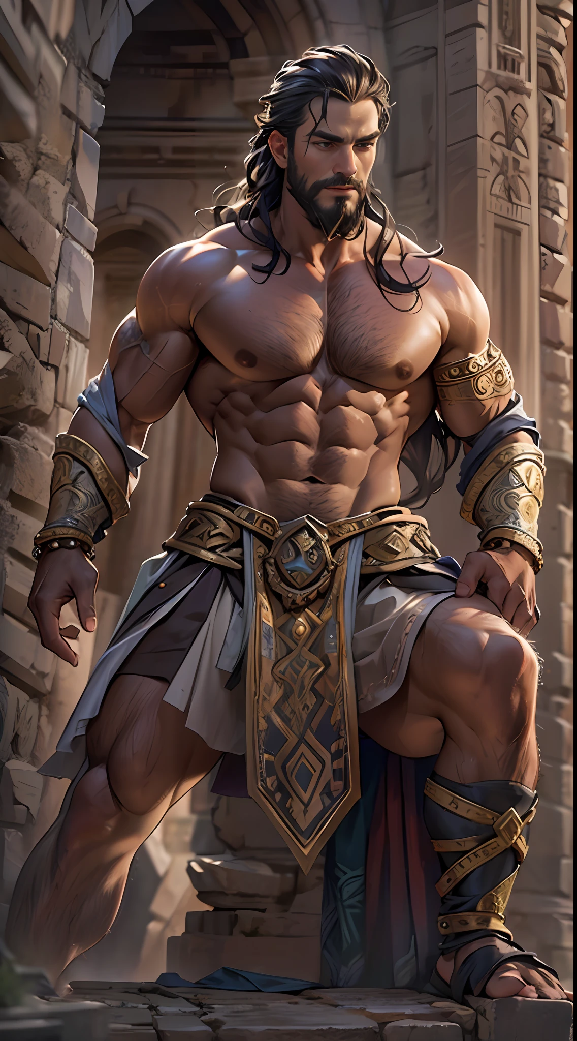 Muscular gladiator, upper body revealed, legs uncovered from thighs to feet, adorned with a beaded beard, flowing long curls, intricate muscular details, photorealistic artwork, 4K resolution. Background: Ancient Roman arena,32k uhd, best quality, masterpiece, super detail, high details