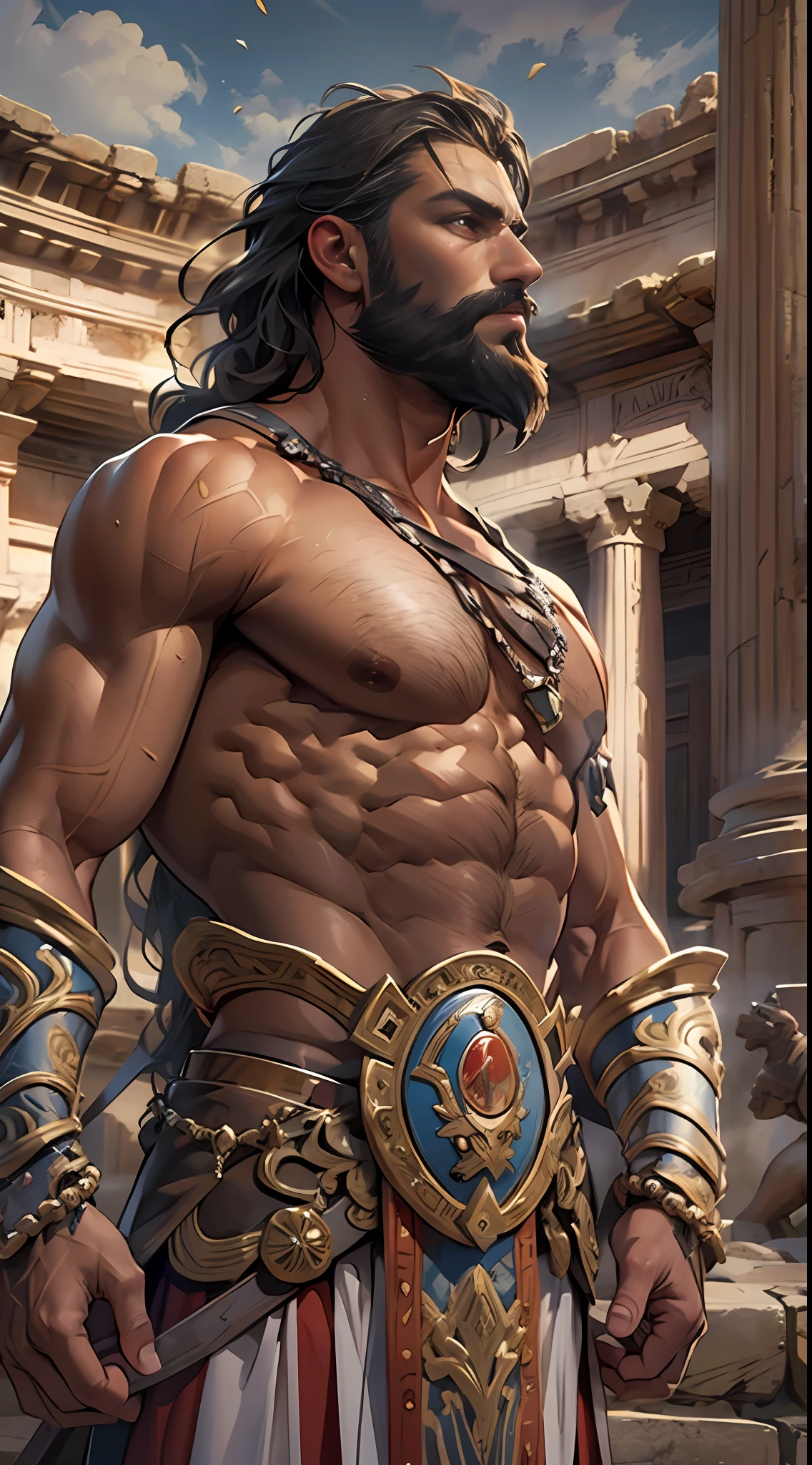 Muscular gladiator, upper body revealed, legs uncovered from thighs to feet, adorned with a beaded beard, flowing long curls, intricate muscular details, photorealistic artwork, 4K resolution. Background: Ancient Roman arena,32k uhd, best quality, masterpiece, super detail, high details