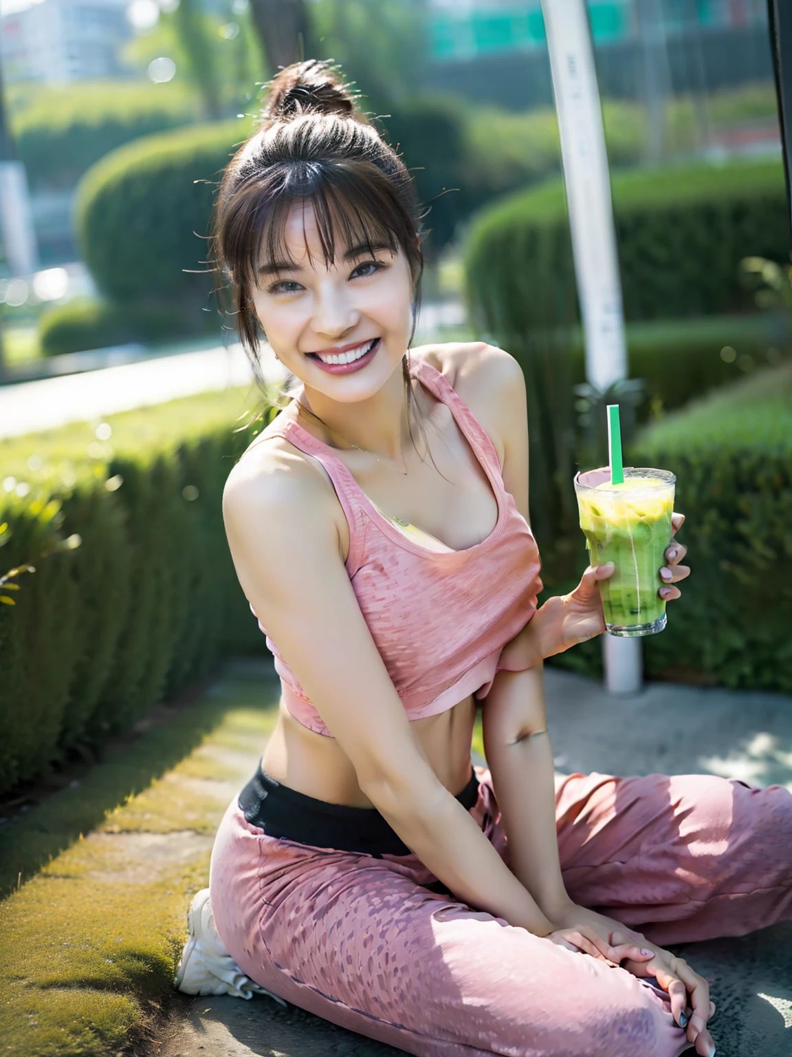 (masterpiece), top-quality, 超A high resolution, a closeup, Slim body、1girl in、Colossal tits、Jogging Wear、Have a smoothie、Have a drink、Sports、delicated face、A smile、high-level image quality、short-cut、high detailing, foco nítido,Photorealsitic