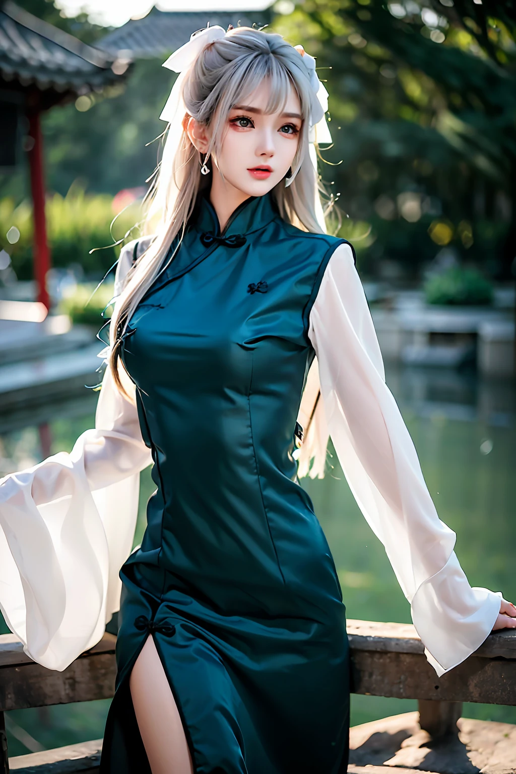 There is a girl in a green dress, plum blossoms, palaces, oriental architecture ray tracing, {best quality}, {{masterpiece}}, extremely detailed 8K wallpaper, {an extremely delicate and beautiful}, colorful, intricately detailed, Realistic, real, camera quality, (detailed depiction of clothes), cool white skin, (detailed depiction of blush), 1080p, sun, soft cuteness, smooth light silver hair, messy beauty, lighting, broken feeling, bright and silky skin , 3D stereoscopic, masterpiece, best quality, super fine illustration, beautiful eyes, very fine light, fine glow, very fine 8K CG wallpaper, peach eyes, red pupils, an extremely delicate and beautiful girl, 8k Wallpaper, best quality, half body close-up, white long dress, luxurious silky bright red chiffon floodlight (magic, glitter, ultra-thin, soft,) Hanfu