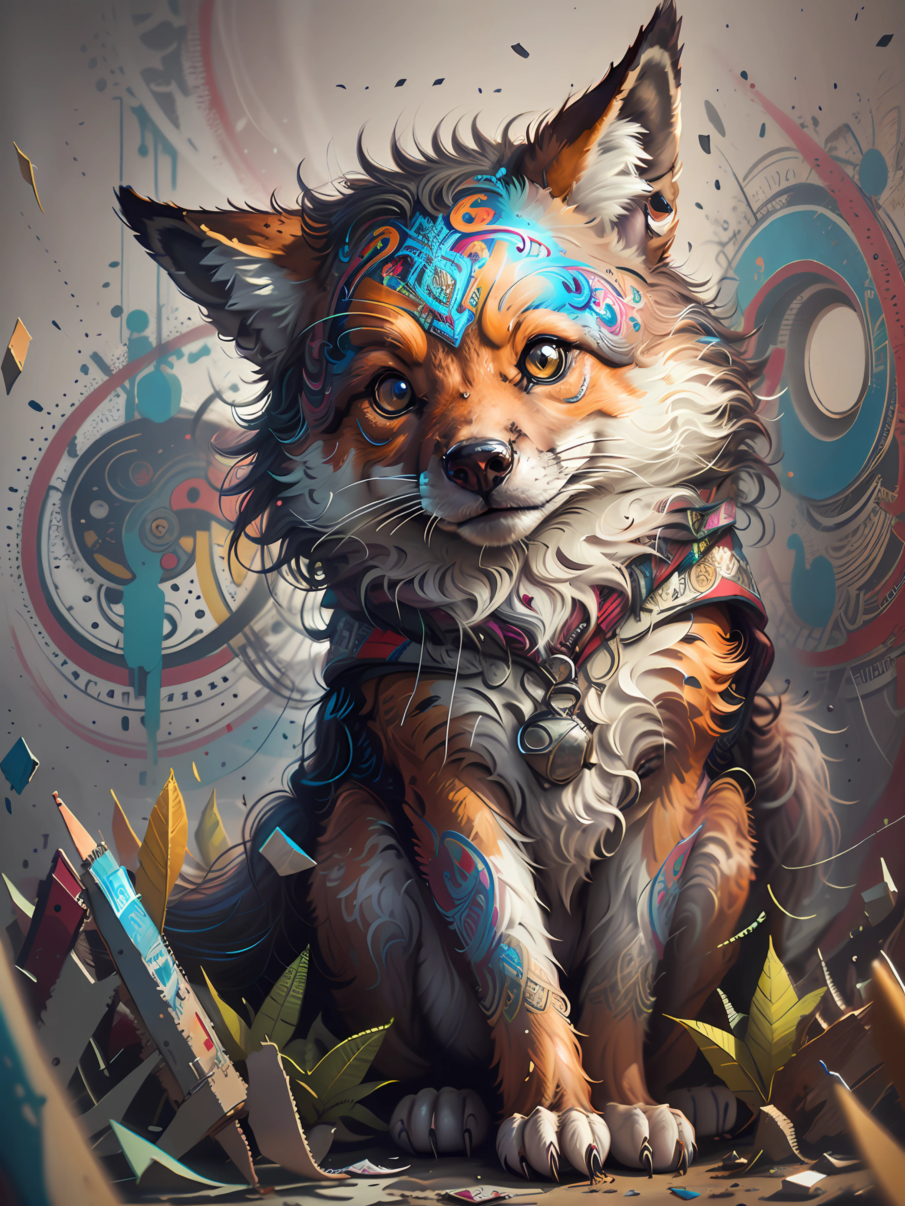 Fox looking at the camera, Highly detailed graffiti, in style of digital illustration, digital painting highly detailed, Digital Art. higly detailed, high quality digital painting, high detailed digital art, digital painting style