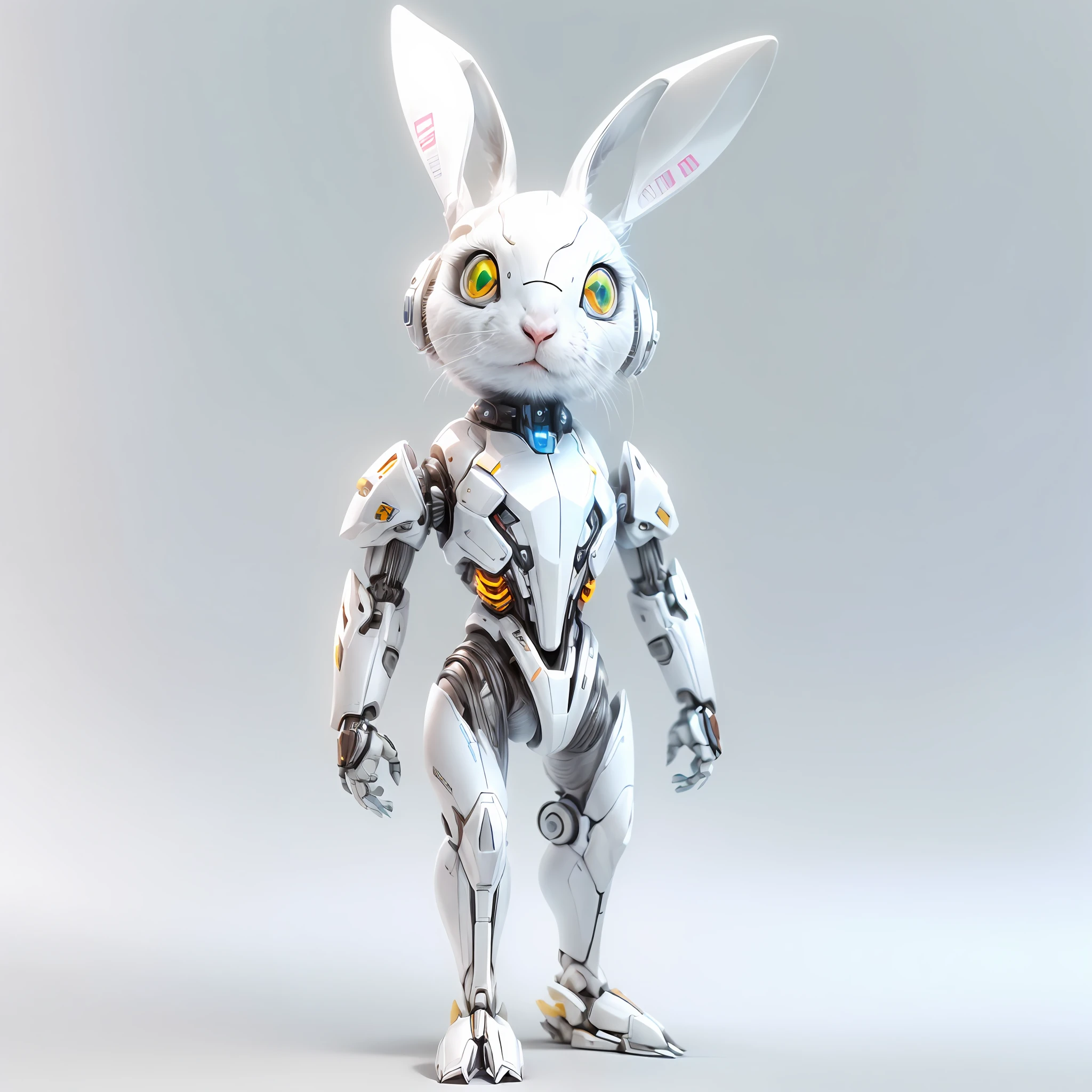 (anthropomorphism:1.5),(Full Body Shot), Cyberpunk, In the middle, 1 white rabbit mecha(Mechanical style white rabbit head, Short stature, thin and weak), Standing on the legs, nobody, Dreamy Glow, clean,white background,( Global illumination, raytracing, HDR, unreal render,reasonable design, masterpiece, best quality, UHD, Cinematic Lighting)