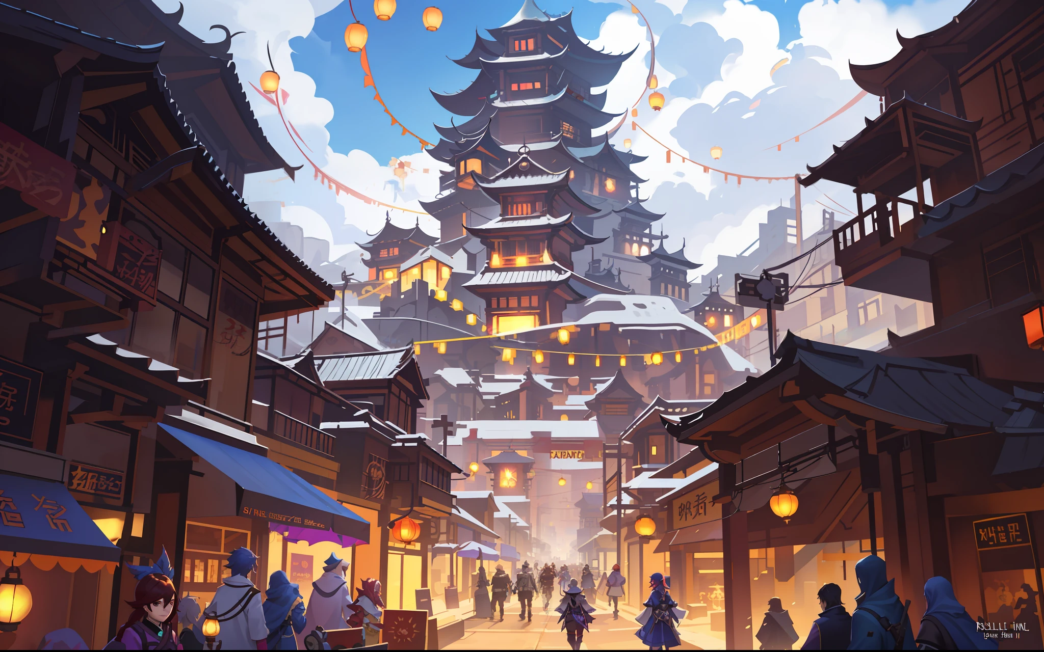 Anime - Style scenes of busy streets,Someone and a lantern, Rosla global lighting, Riot game concept art, G Liulian art style, Onmyoji detailed art, dreamy Chinese towns, ross tran. scenery background, by Yang J, overwatch splash art, by Bayard Wu, chengwei pan on artstation, Genshin, author:Qu Leilei