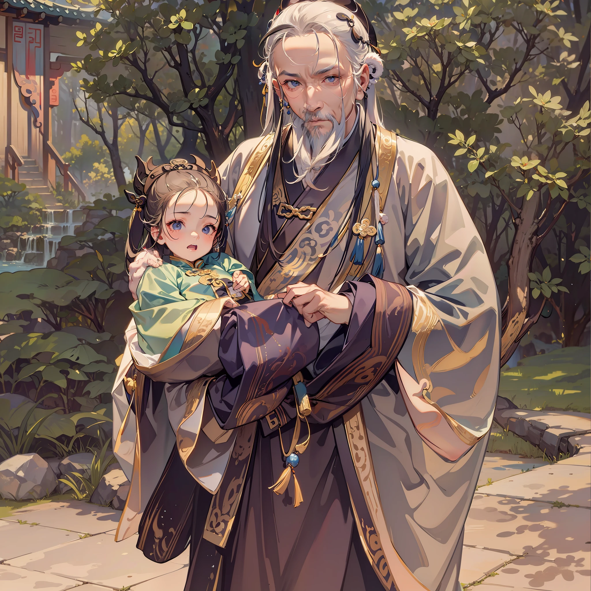 (An old Taoist priest old man,Holding a baby)