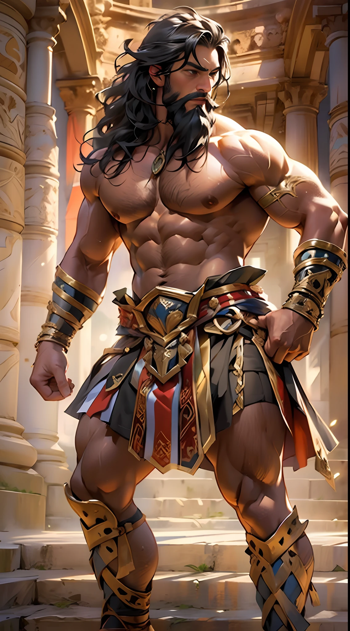 Muscular gladiator, upper body revealed, legs uncovered from thighs to feet, adorned with a beaded beard, flowing long curls, intricate muscular details, photorealistic artwork, 4K resolution. Background: Ancient Roman arena,32k uhd, best quality, masterpiece, super detail, high details