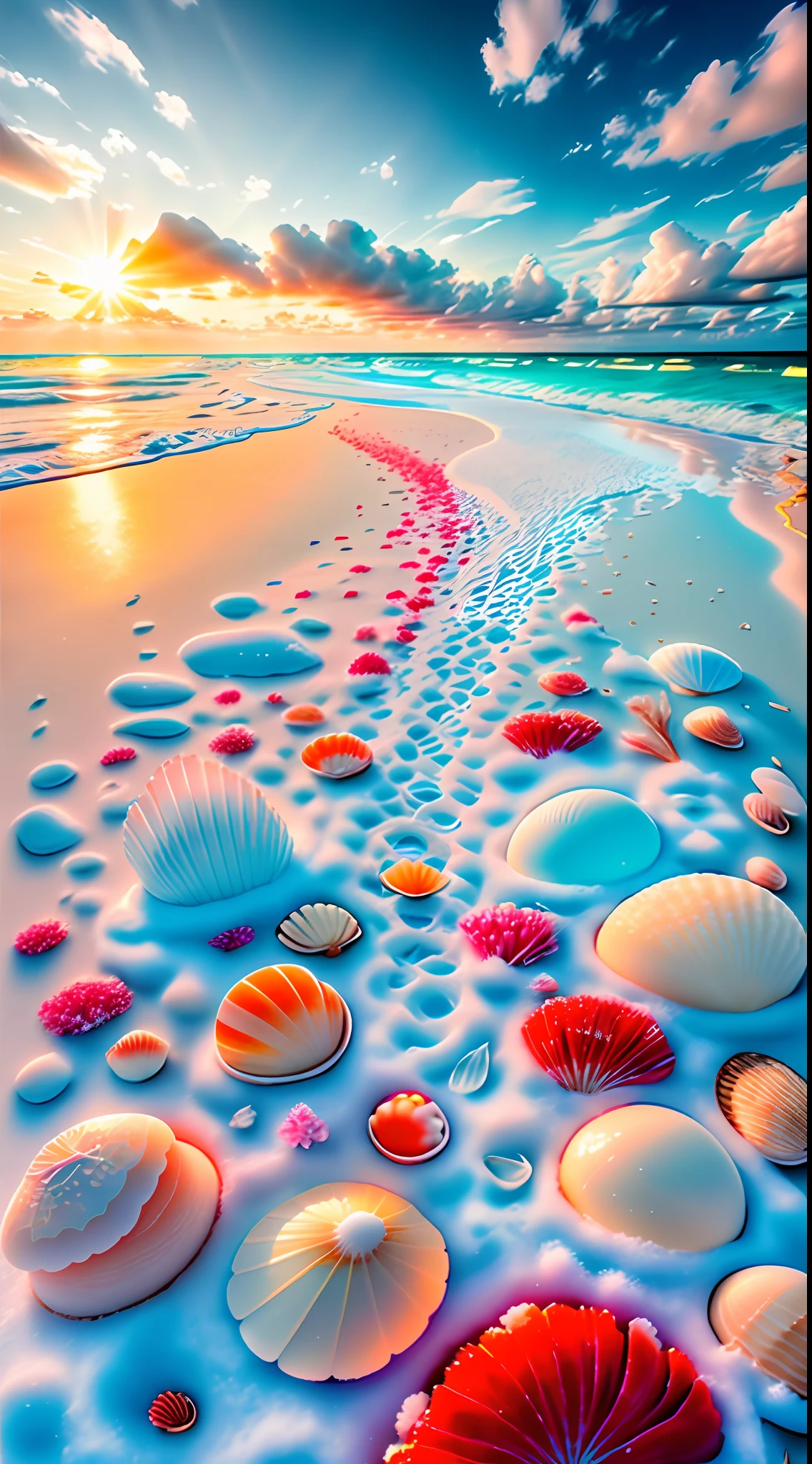 delicate scene,depth of field, 8K, The ivory sky,white clouds,and sunlight shine on the snow-white beach. The coral sea,and many colorful tinny shells on the beach,red roses, roses focus,